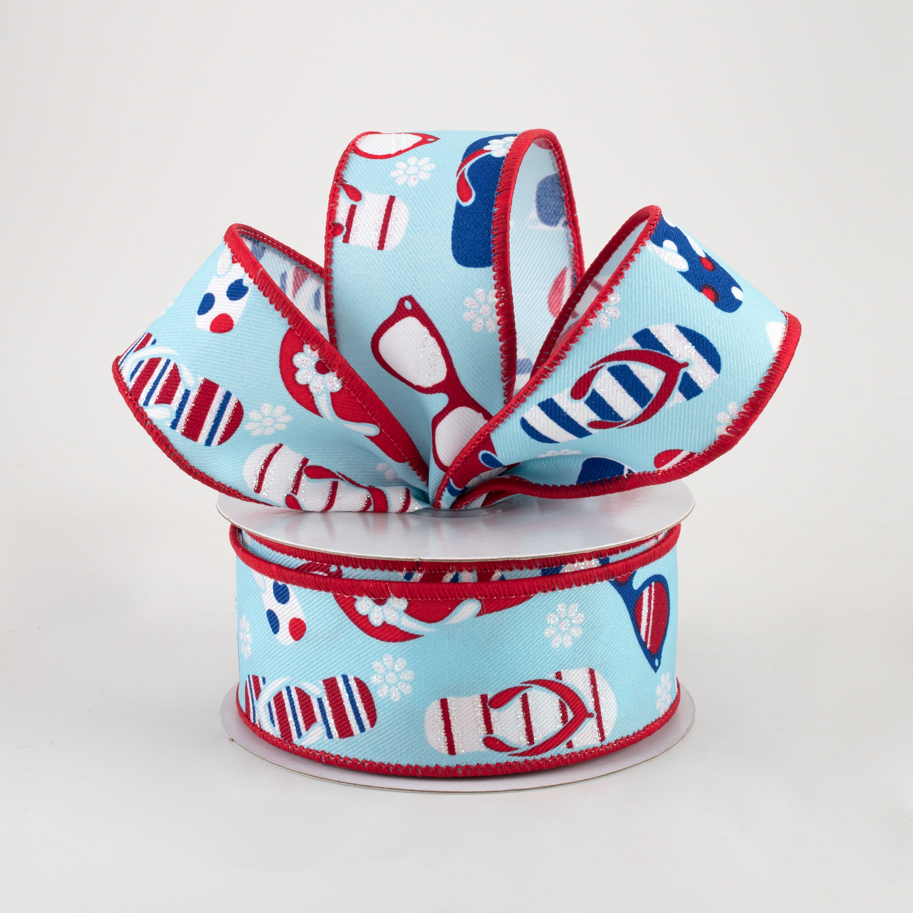 1.5" Flip Flops & Sunglasses Ribbon: Light Blue & RWB (10 Yards) Lifestyle Photo