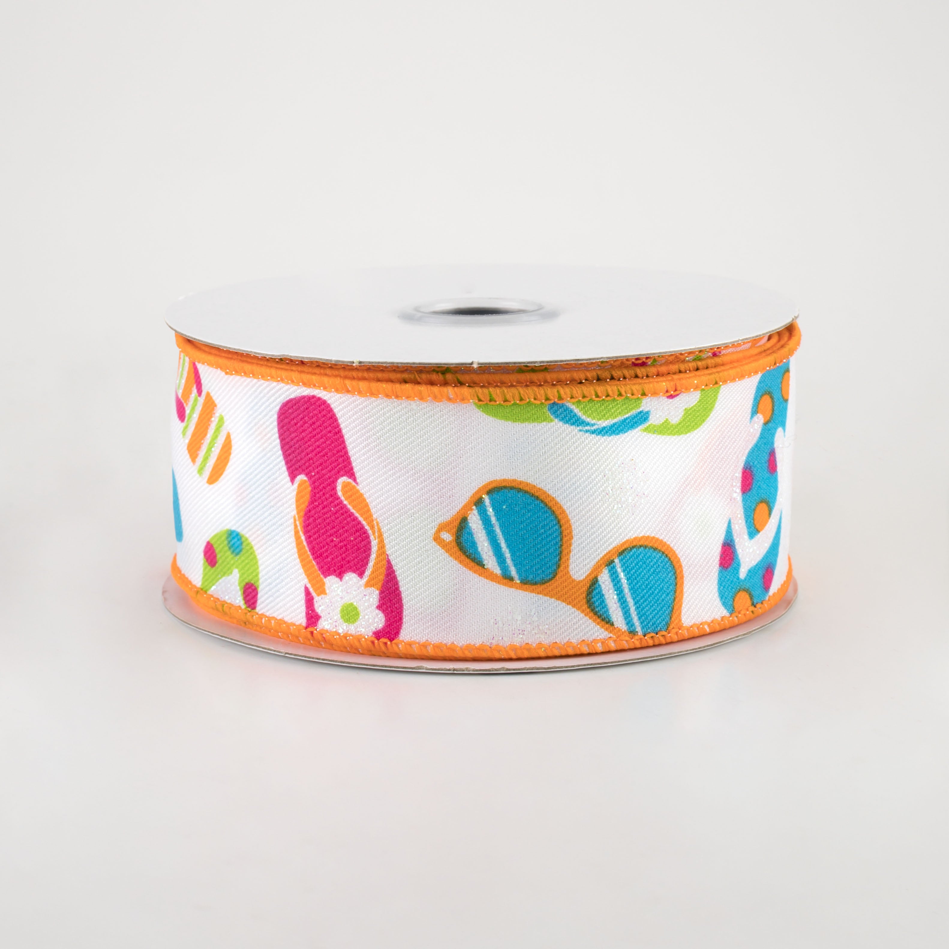 1.5" Flip Flops & Sunglasses Ribbon: White & Bright Multi (10 Yards)