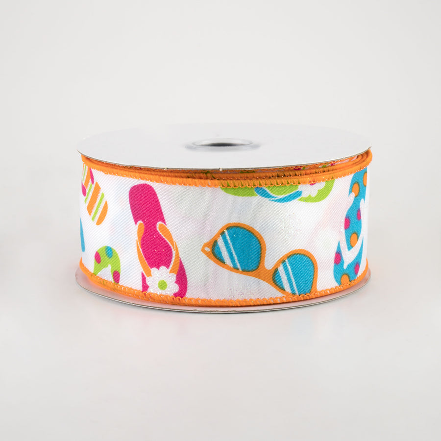 1.5" Flip Flops & Sunglasses Ribbon: White & Bright Multi (10 Yards)
