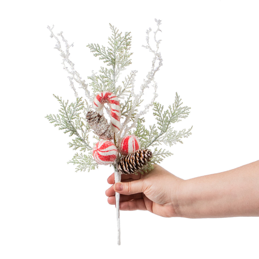 15" Fllocked Snow Peppermint, Pine & Cones Pick detail photo 3