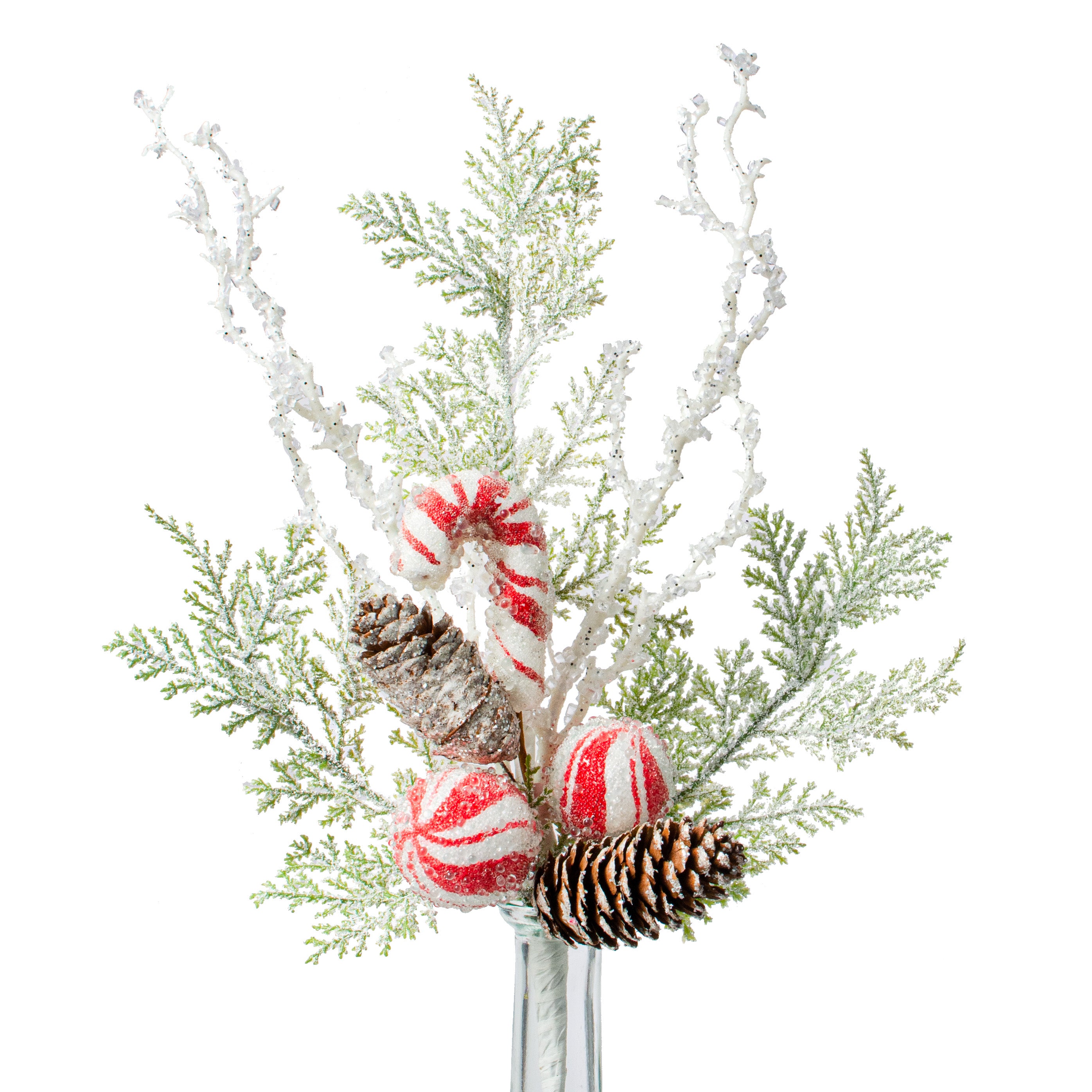 15" Fllocked Snow Peppermint, Pine & Cones Pick Item Number: 186663