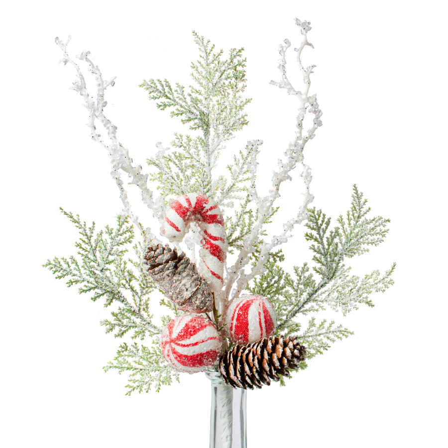 15" Fllocked Snow Peppermint, Pine & Cones Pick Item Number: 186663