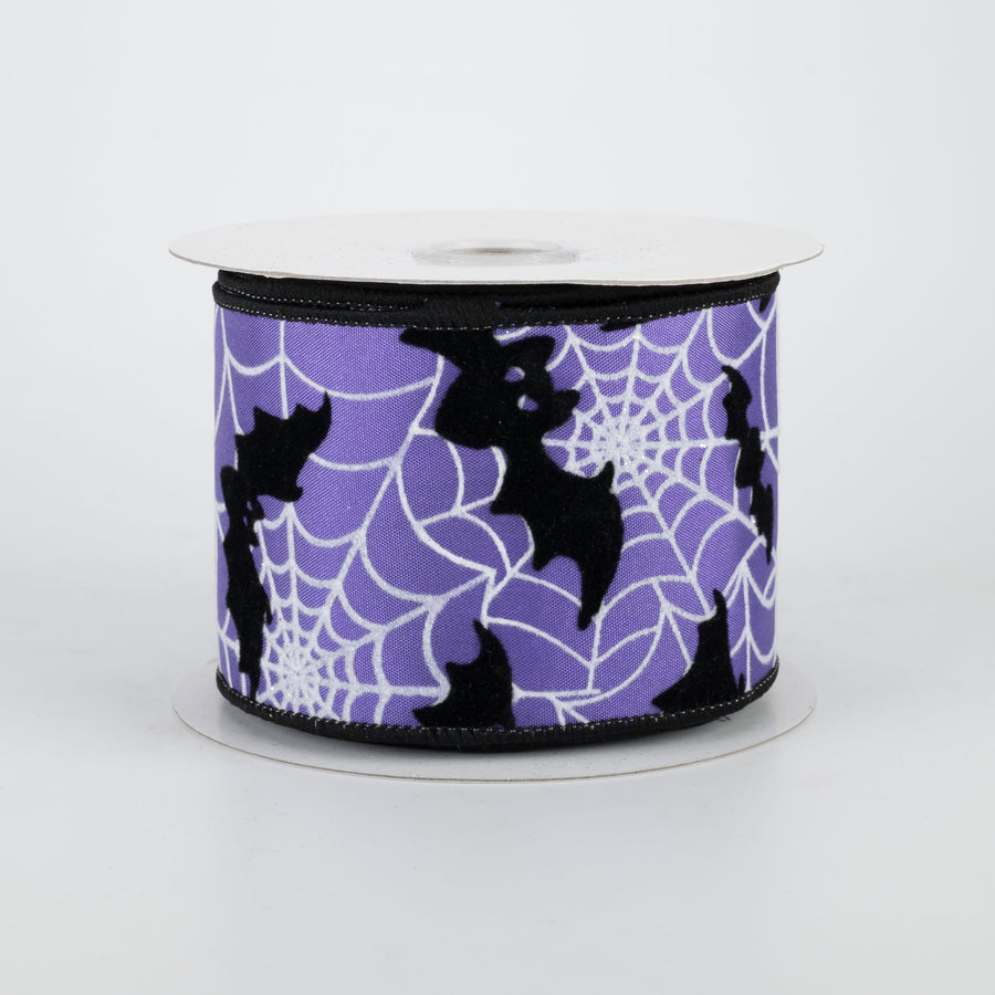 2.5" Flocked Bat & Spider Web Ribbon: Purple (10 yards)