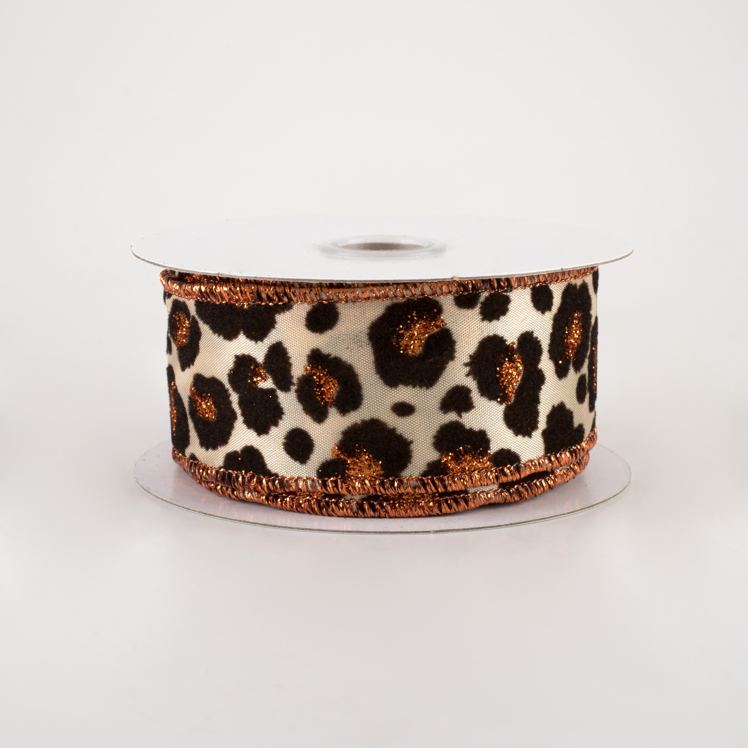 1.5" Flocked Cheetah Satin Ribbon: Light Gold, Brown, Rust (10 Yards) Item Number: 68206-09-38