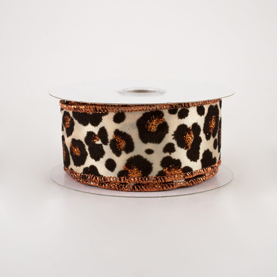 1.5" Flocked Cheetah Satin Ribbon: Light Gold, Brown, Rust (10 Yards) Item Number: 68206-09-38