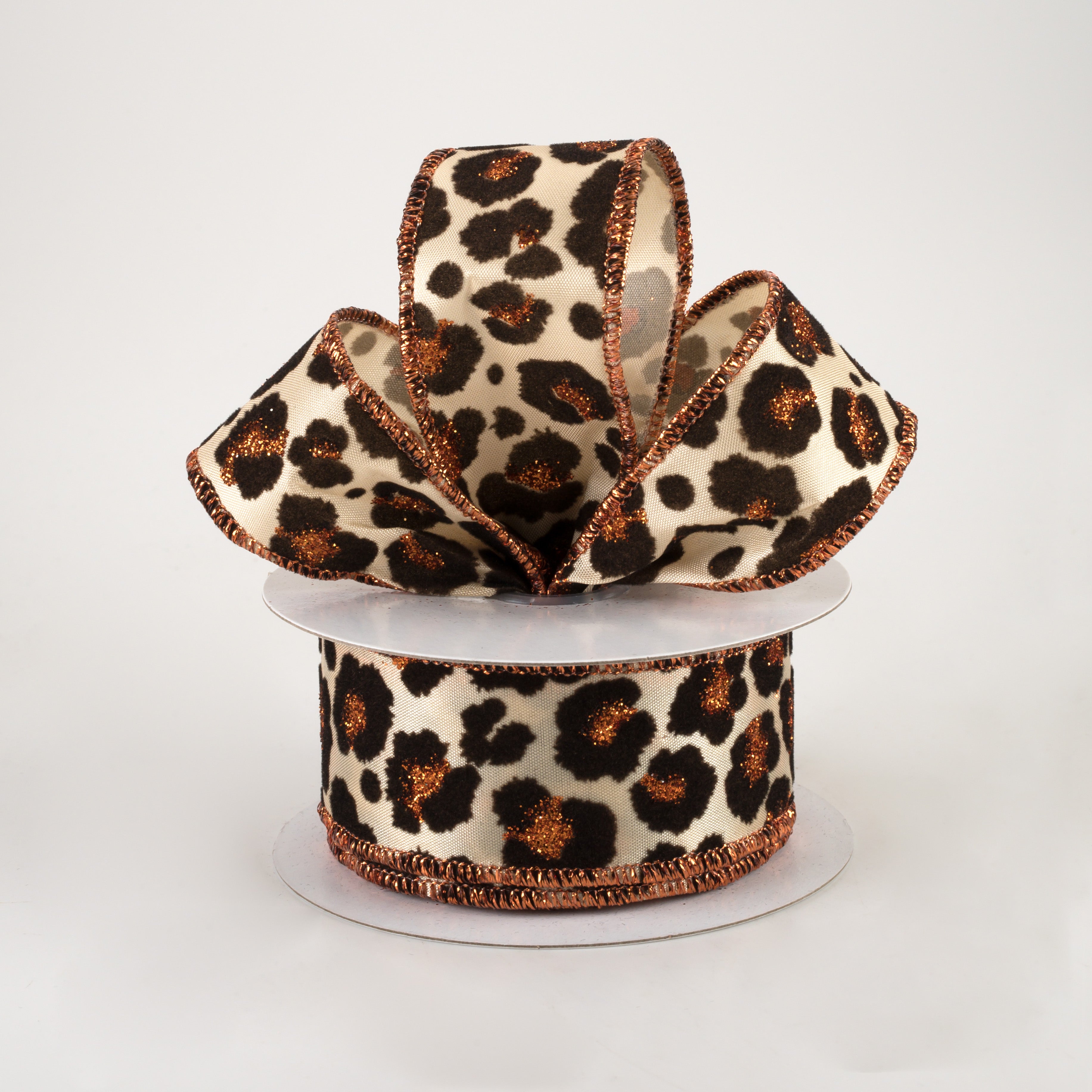 1.5" Flocked Cheetah Satin Ribbon: Light Gold, Brown, Rust (10 Yards) Lifestyle Photo