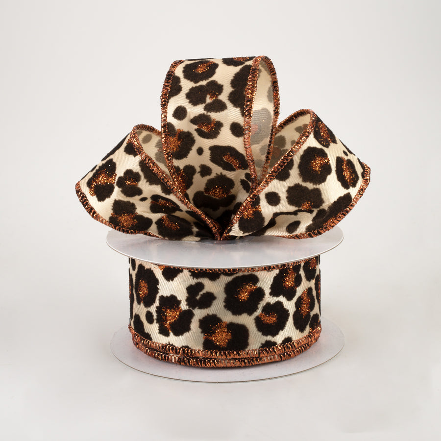 1.5" Flocked Cheetah Satin Ribbon: Light Gold, Brown, Rust (10 Yards) Lifestyle Photo