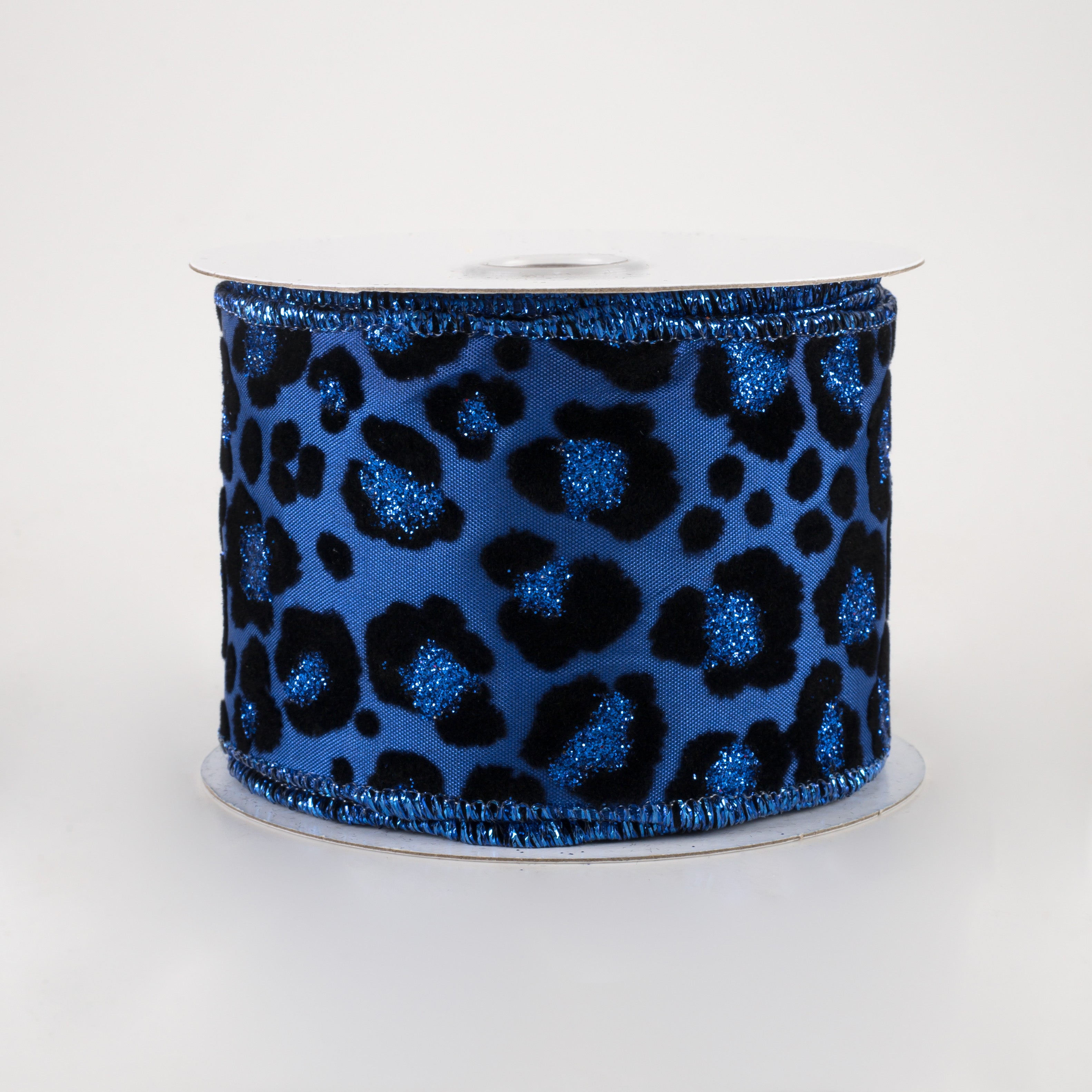 2.5" Flocked Cheetah Satin Ribbon: Royal Blue (10 Yards)