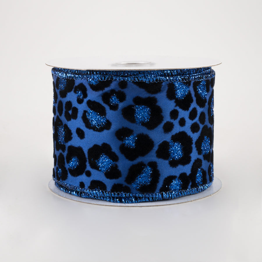 2.5" Flocked Cheetah Satin Ribbon: Royal Blue (10 Yards)
