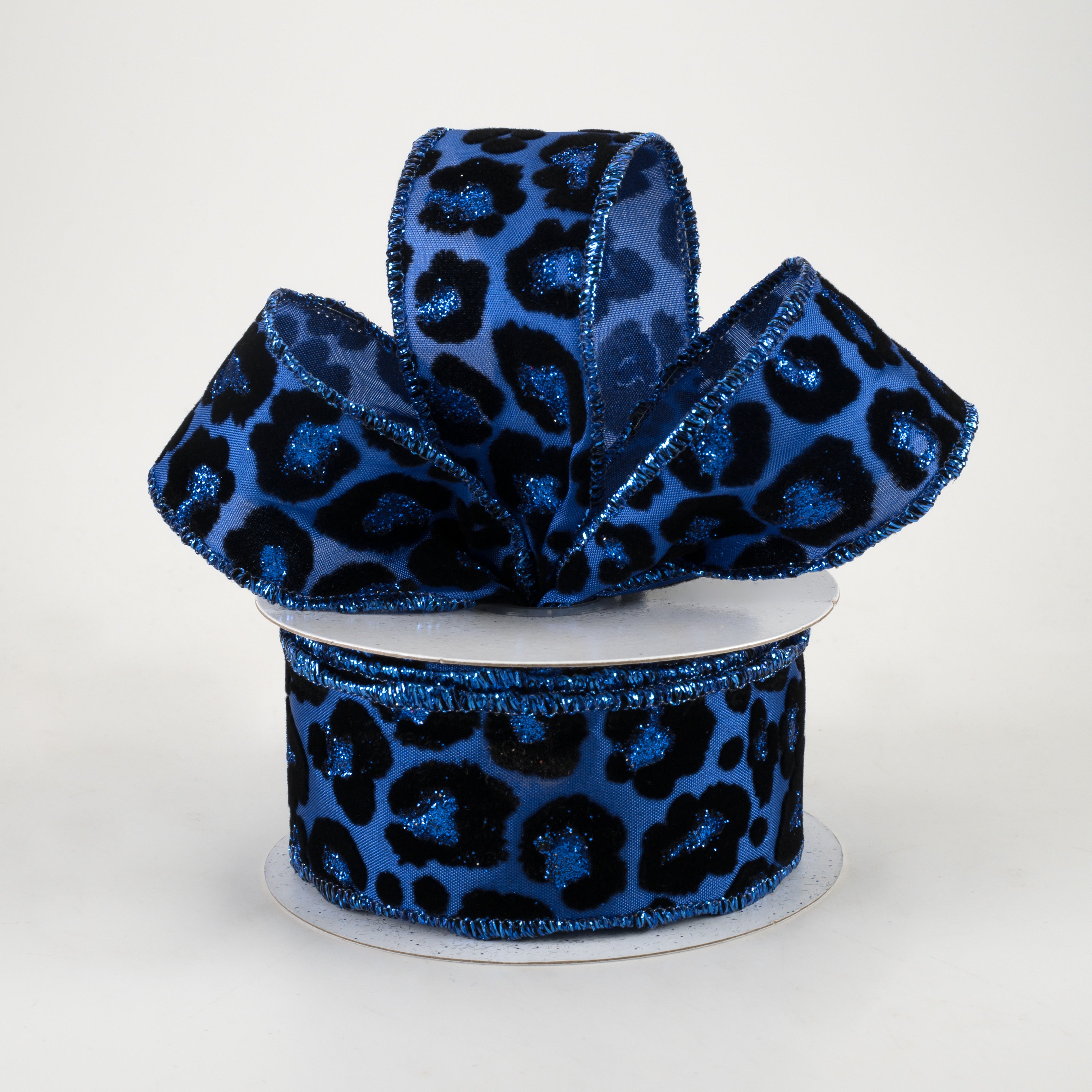 1.5" Flocked Cheetah Satin Ribbon: Royal Blue (10 Yards) Lifestyle Photo