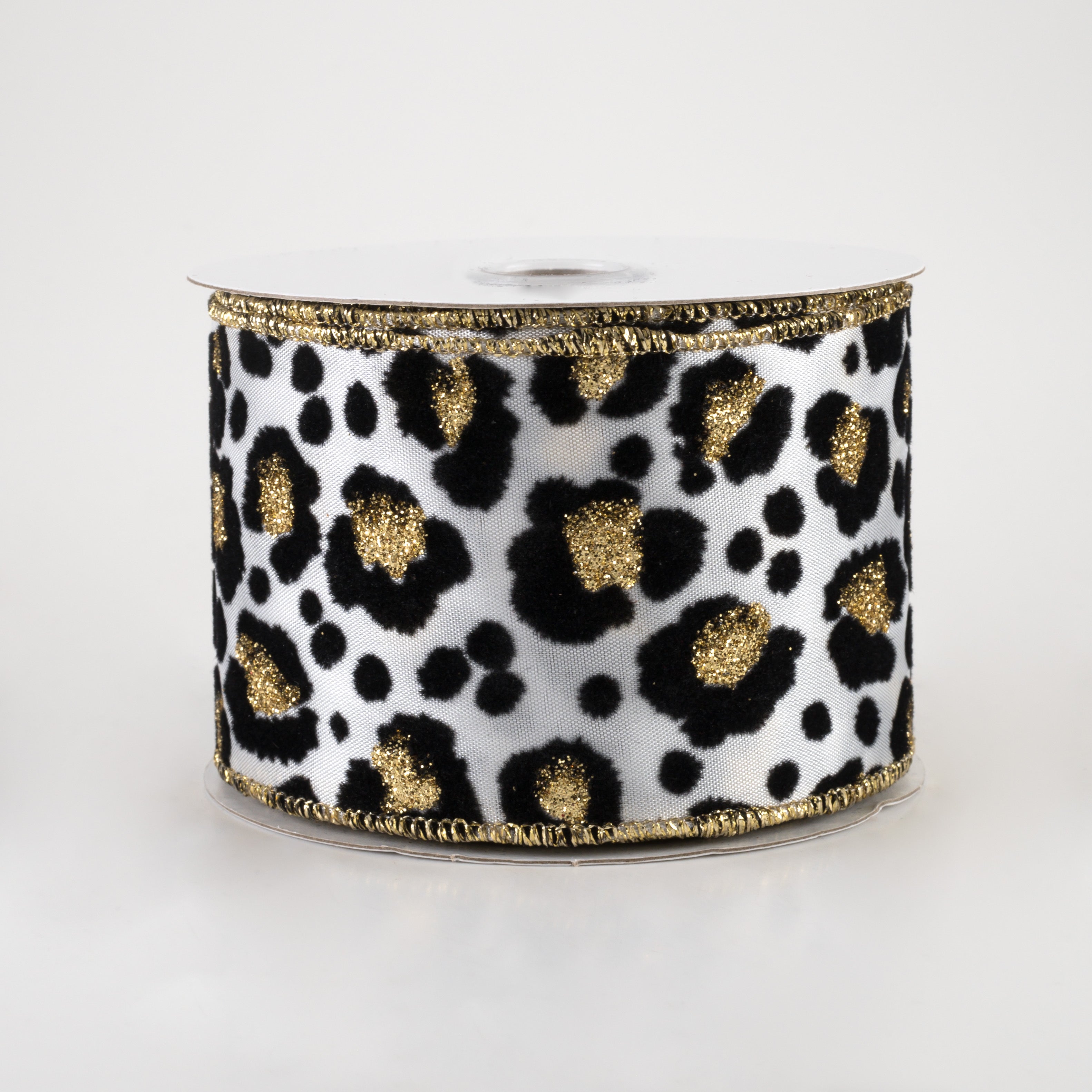 2.5" Flocked Cheetah Satin Ribbon: White, Black, Gold (10 Yards) Item Number: 68206-40-01