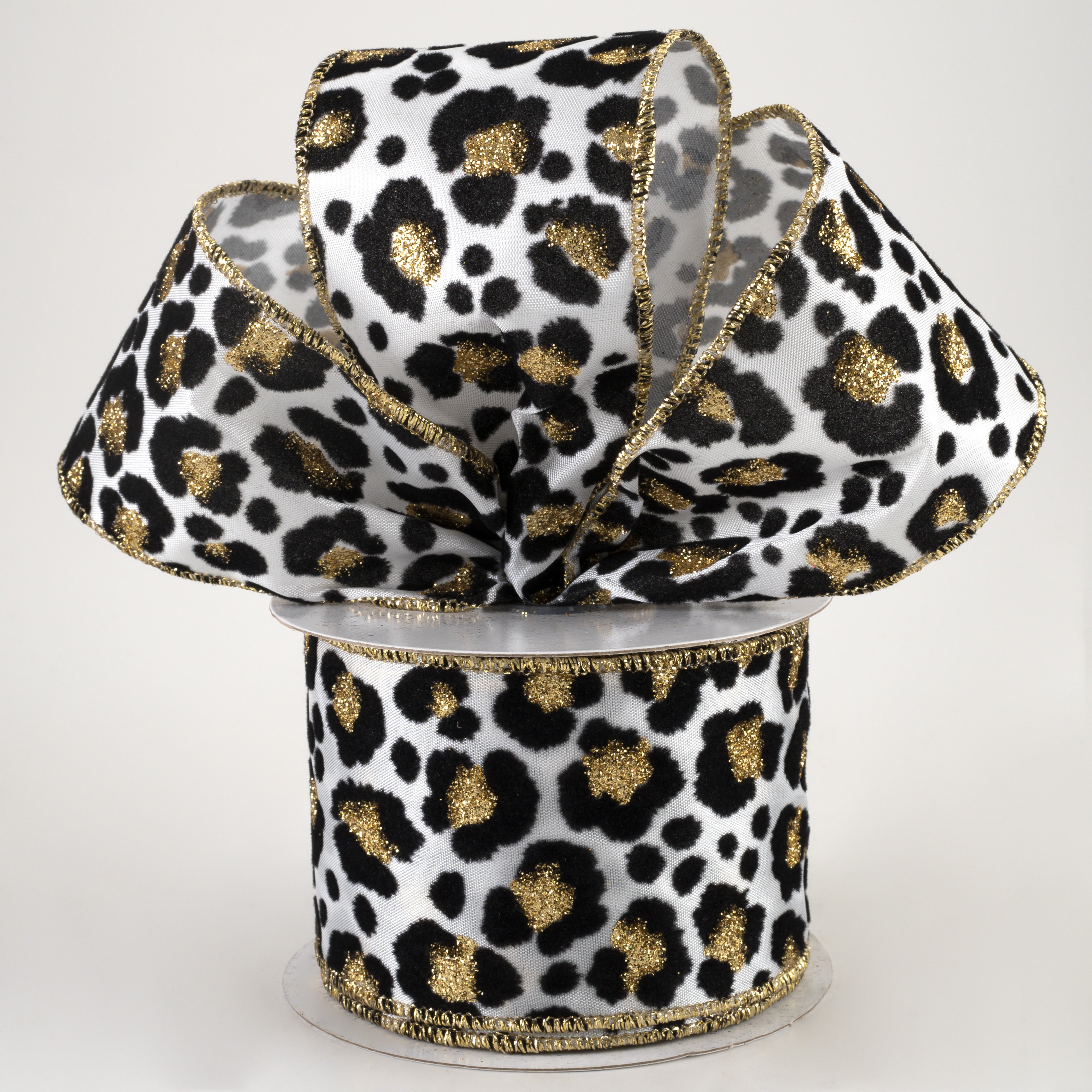 2.5" Flocked Cheetah Satin Ribbon: White, Black, Gold (10 Yards) Lifestyle Photo