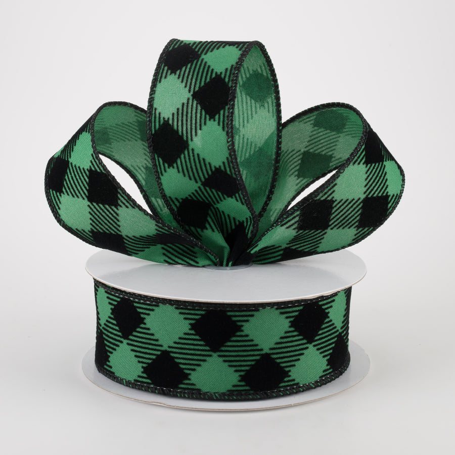 1.5" Flocked Diagonal Check Ribbon: Emerald, Black (10 Yards) Lifestyle Photo