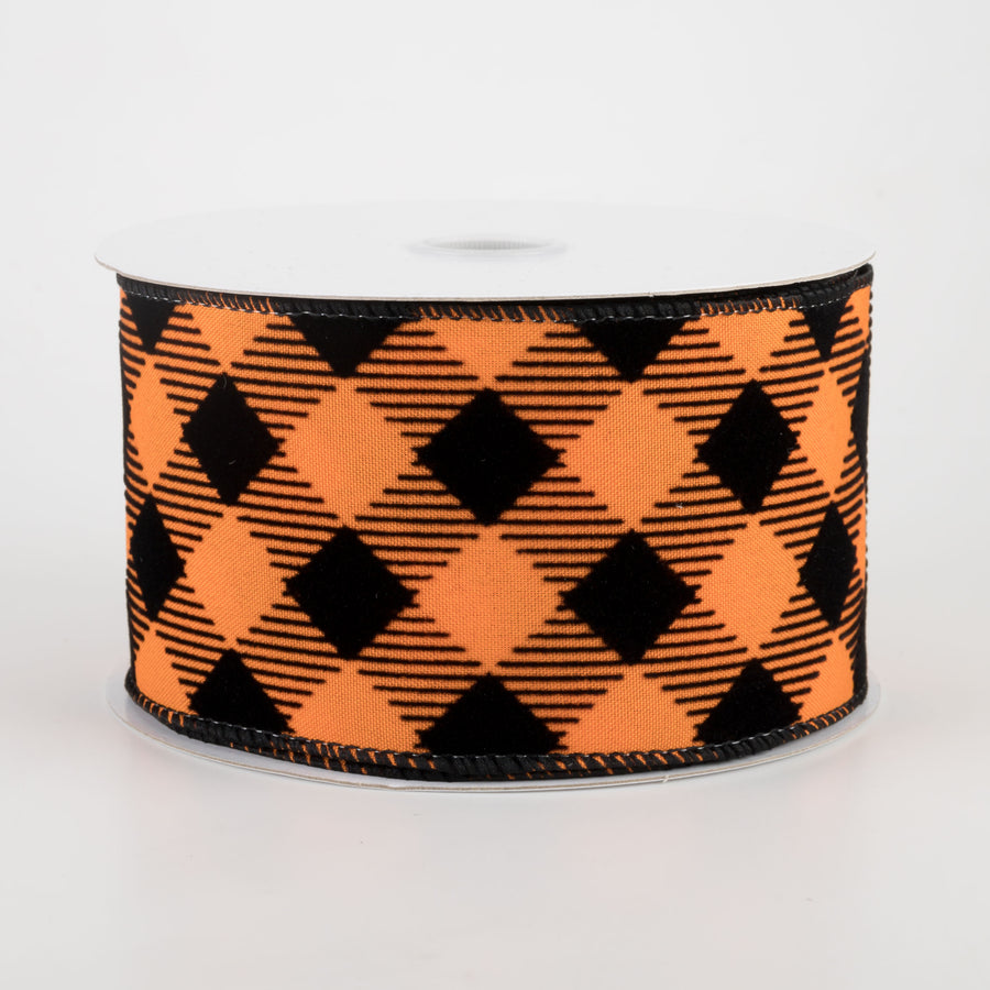2.5" Flocked Diagonal Check Ribbon: Orange & Black (10 Yards)