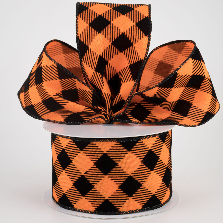 2.5" Flocked Diagonal Check Ribbon: Orange & Black (10 Yards) Lifestyle Photo