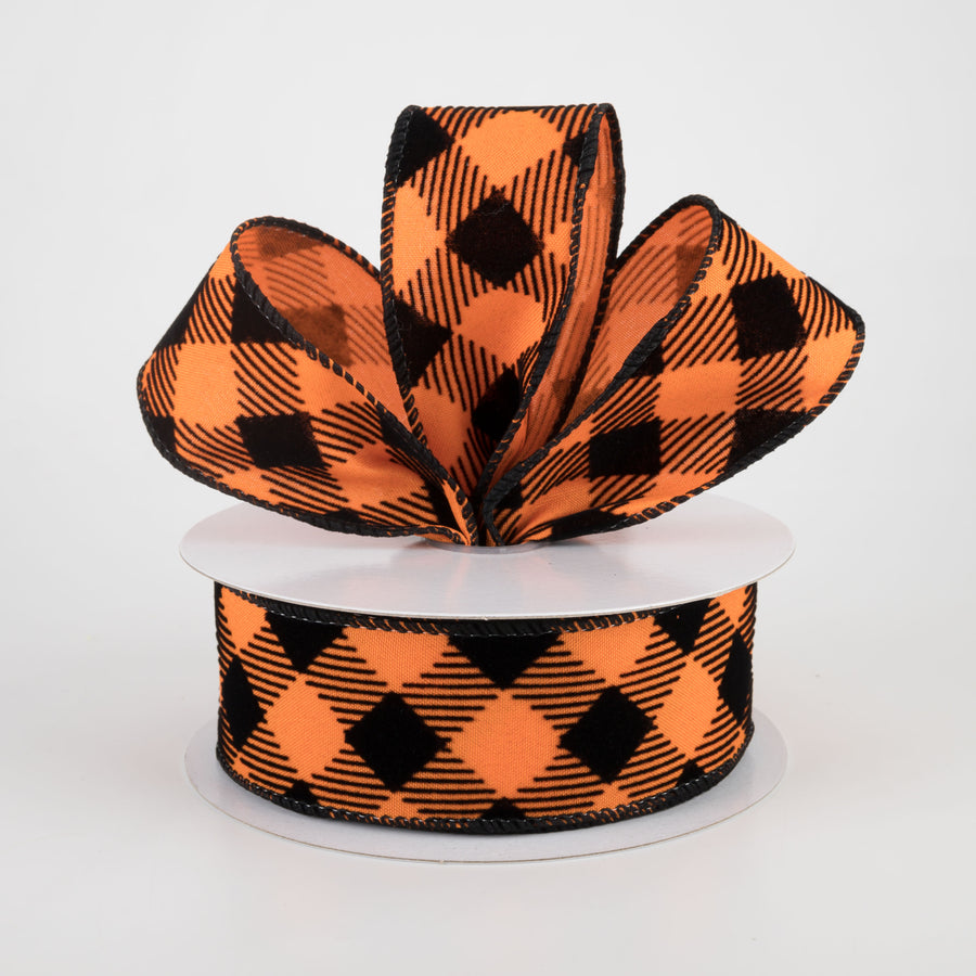 1.5" Flocked Diagonal Check Ribbon: Orange & Black (10 Yards) Lifestyle Photo