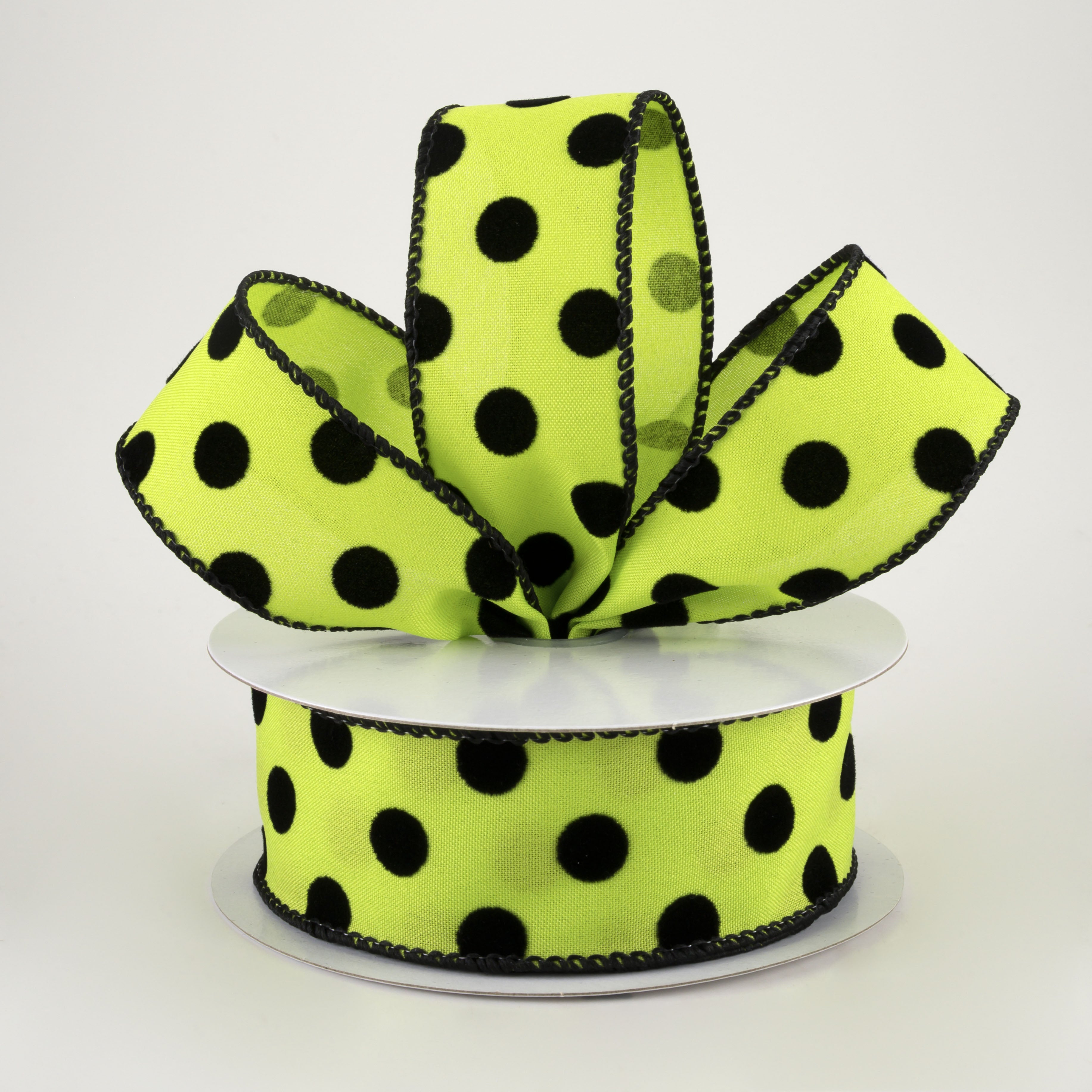 1.5" Flocked Dots Ribbon: Lime & Black (10 Yards) Lifestyle Photo