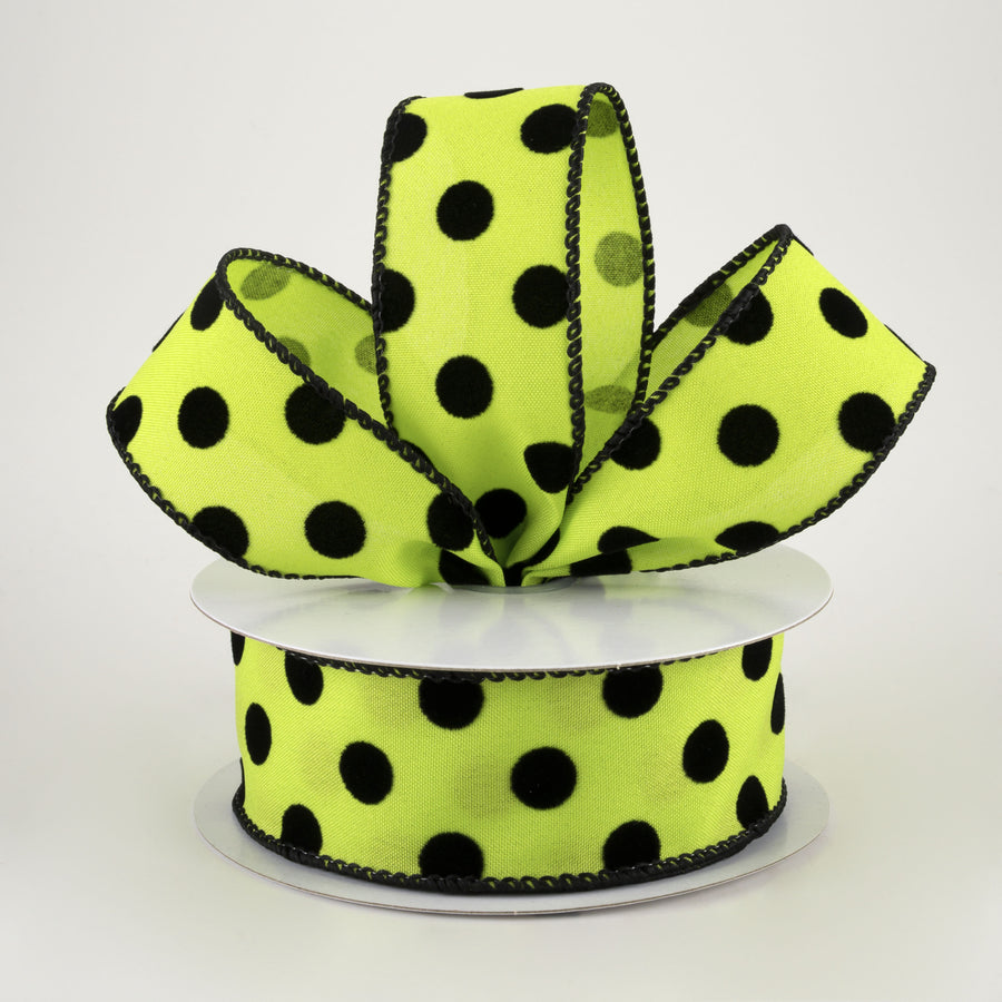 1.5" Flocked Dots Ribbon: Lime & Black (10 Yards) Lifestyle Photo