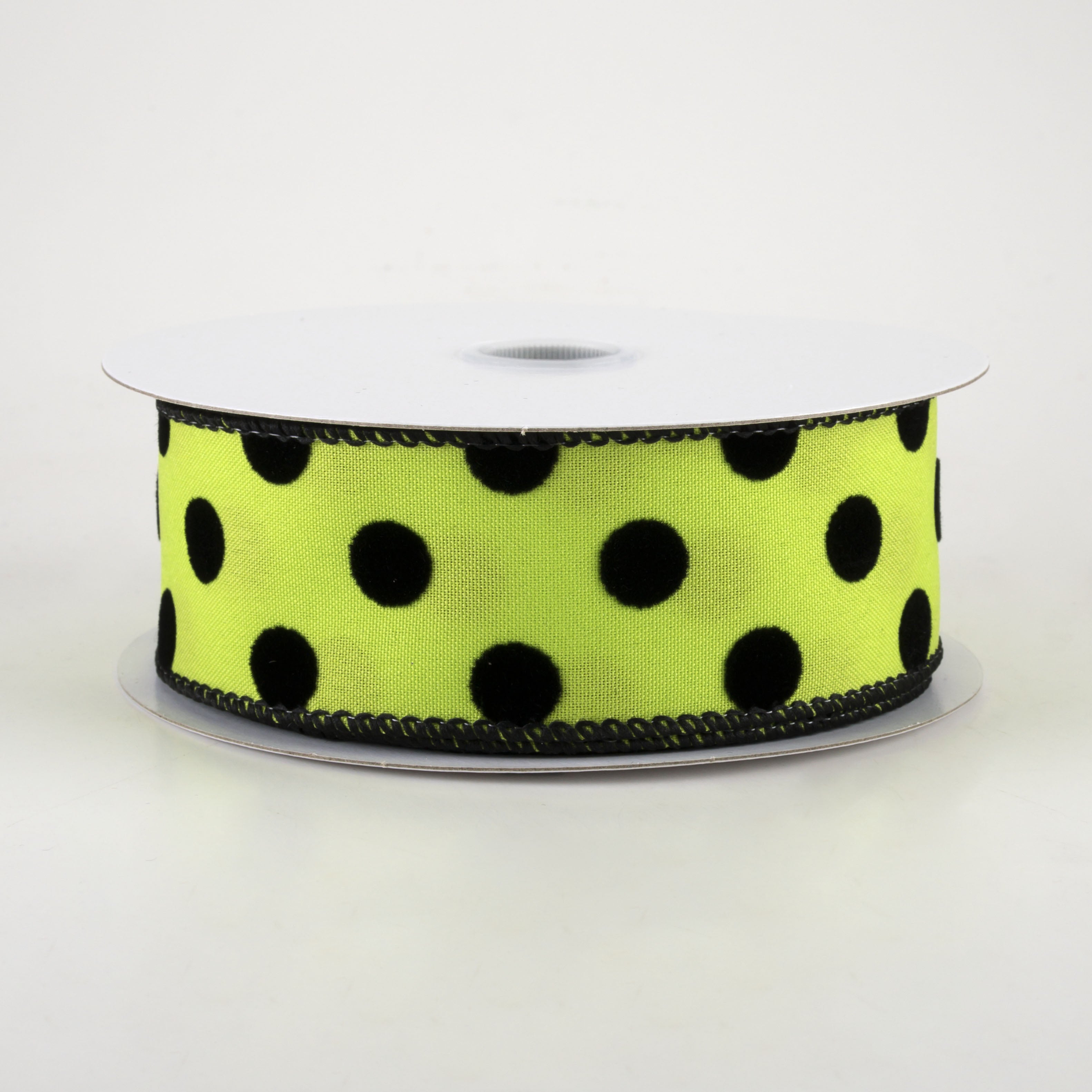 1.5" Flocked Dots Ribbon: Lime & Black (10 Yards)