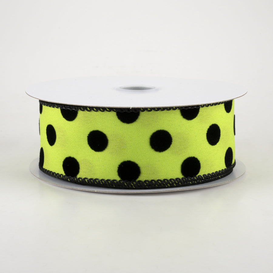 1.5" Flocked Dots Ribbon: Lime & Black (10 Yards)