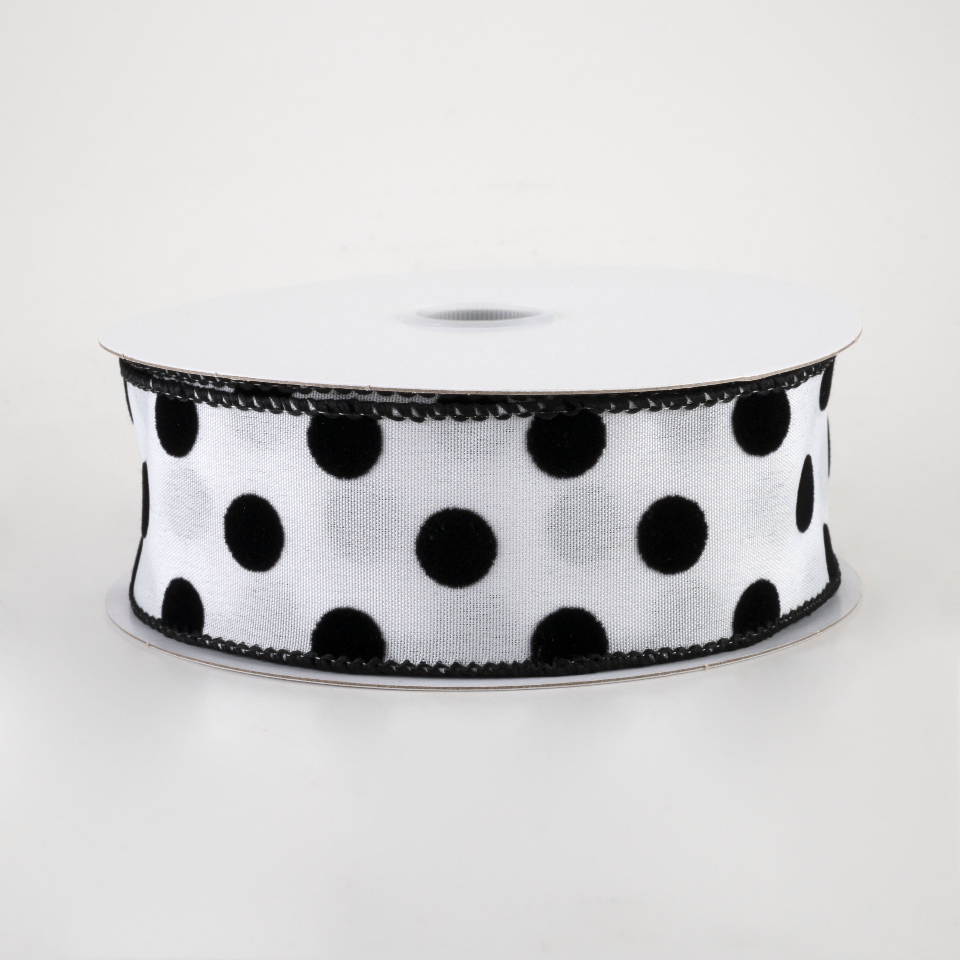 1.5" Flocked Dots Ribbon: White & Black (10 Yards)