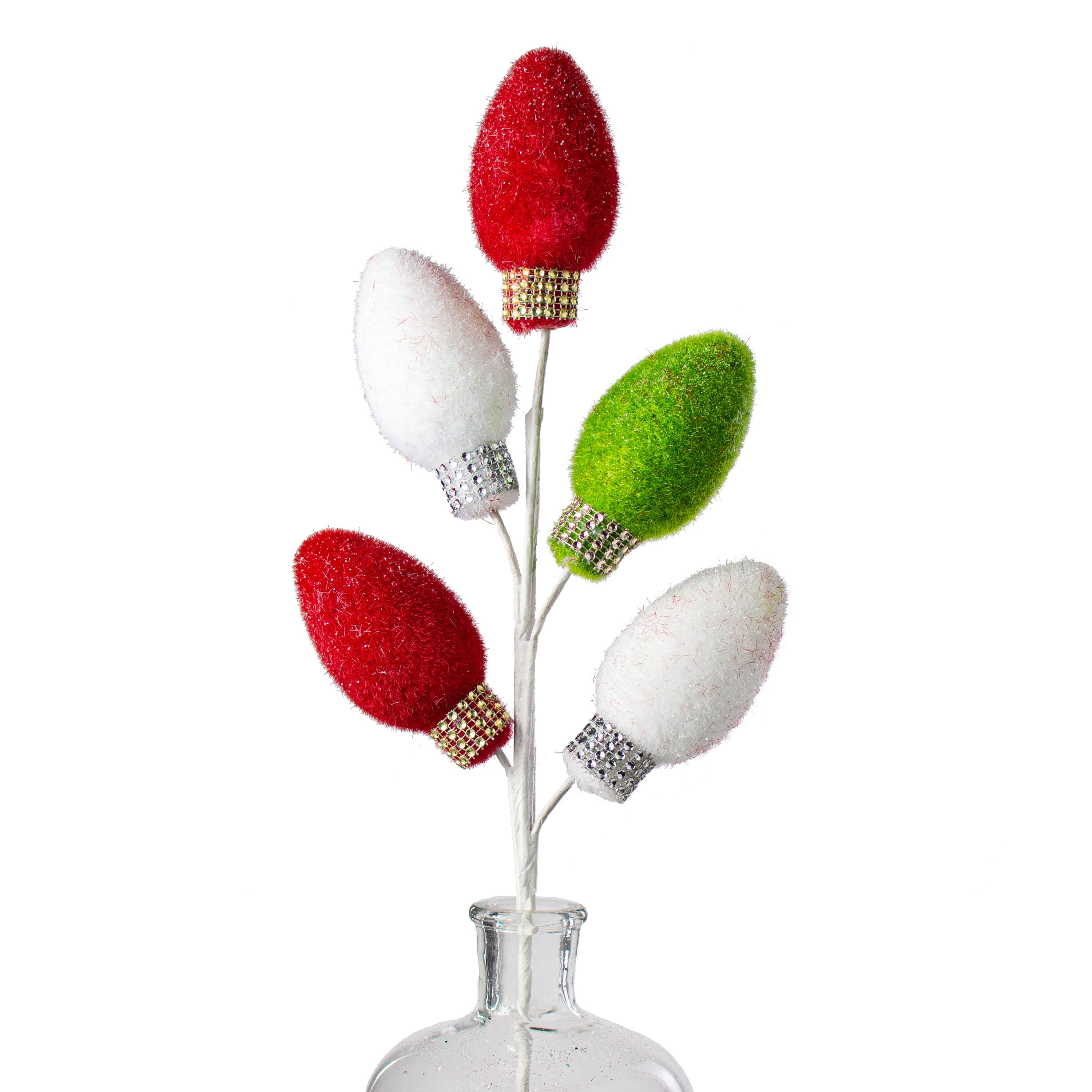 24" Flocked Glitter Light Bulbs Spray: Red, Green, White Item Number: 158293