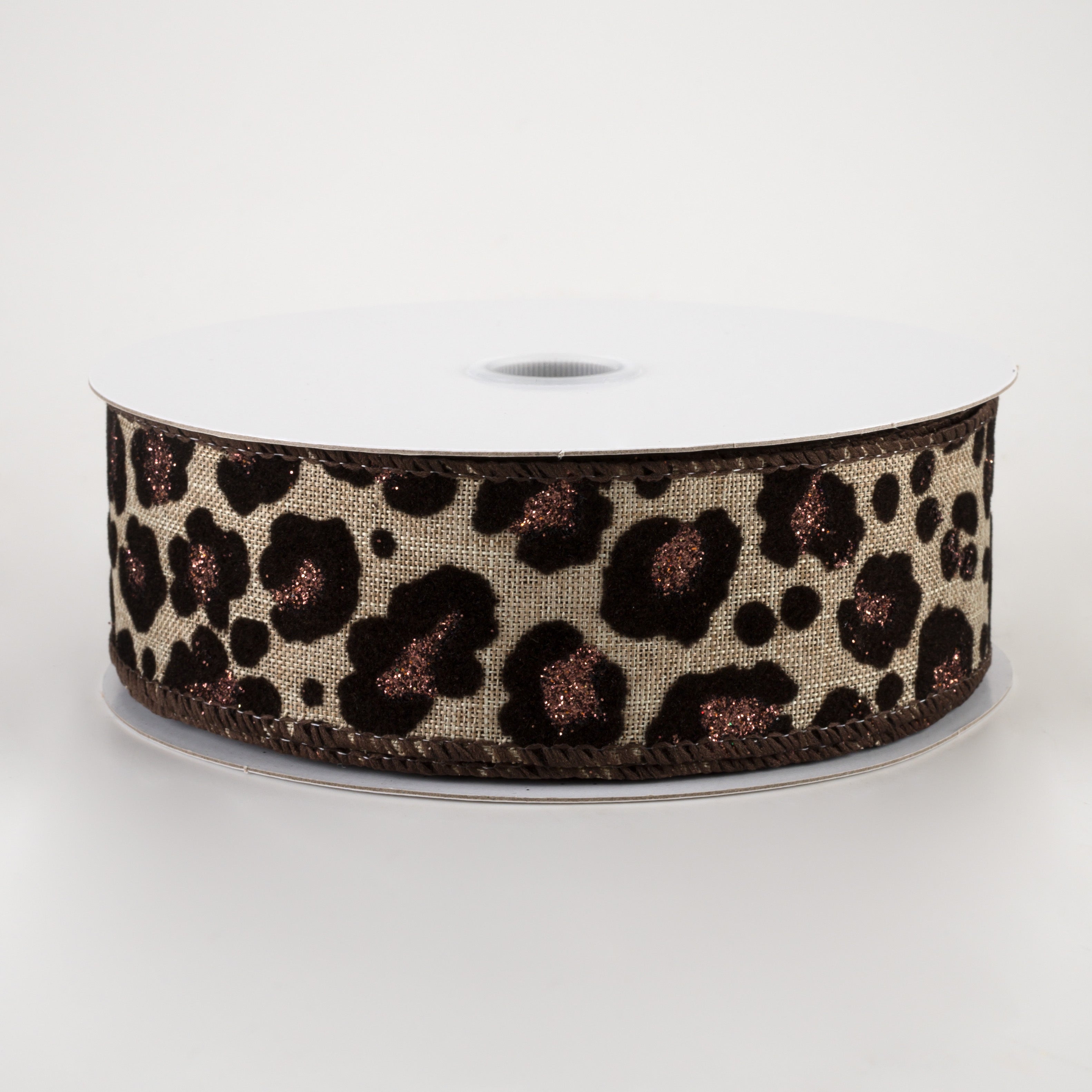 1.5" Flocked & Glittered Leopard Linen Ribbon: Natural (10 Yards)