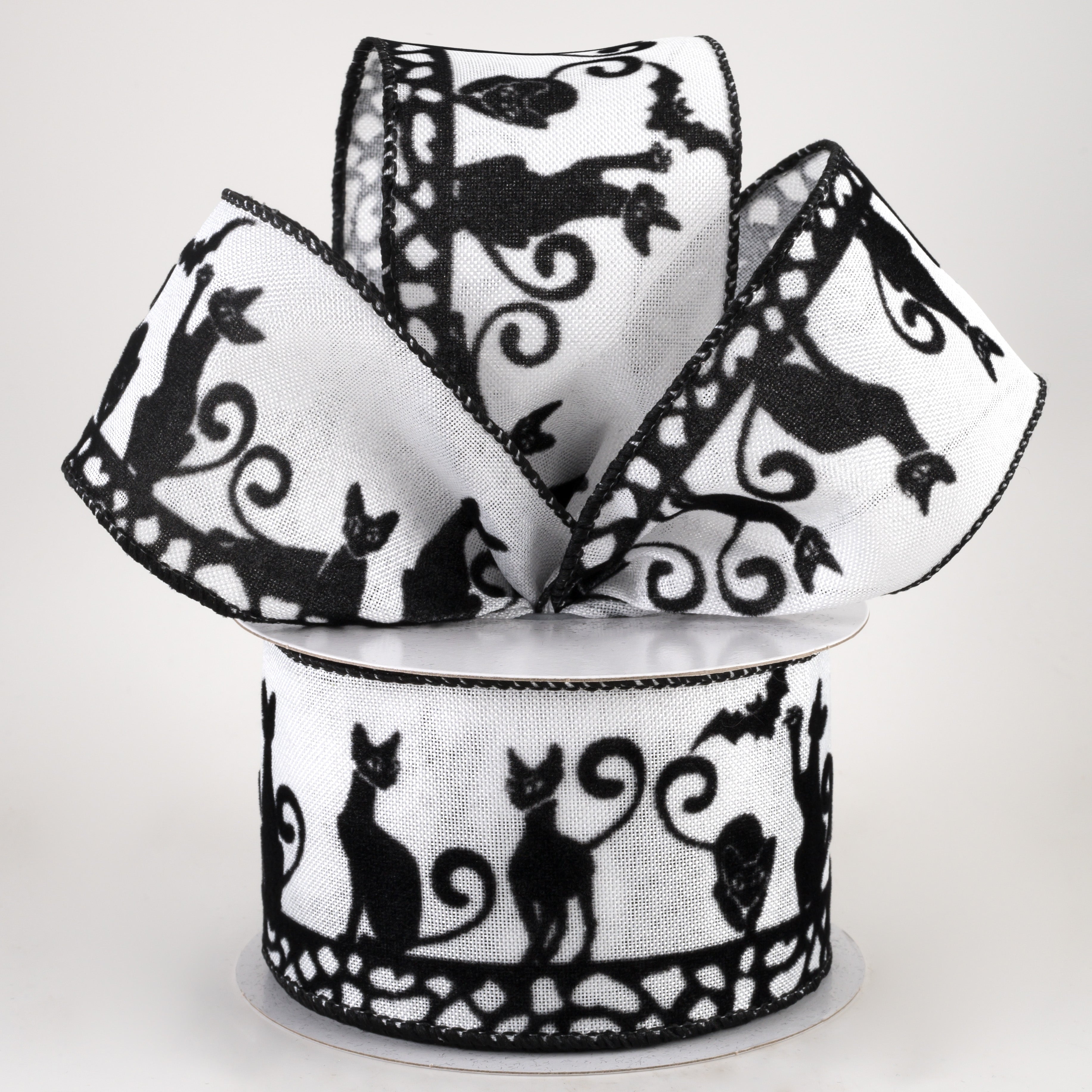2.5" Flocked Halloween Cats Ribbon: White (10 Yards) Lifestyle Photo