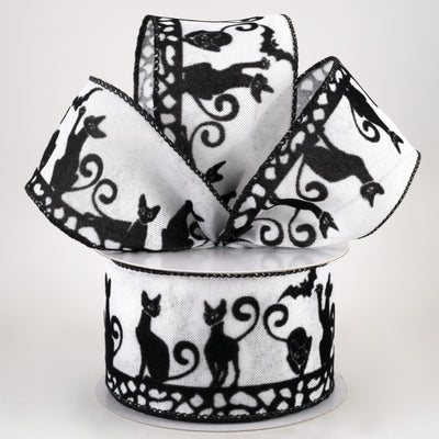 2.5" Flocked Halloween Cats Ribbon: White (10 Yards) Lifestyle Photo