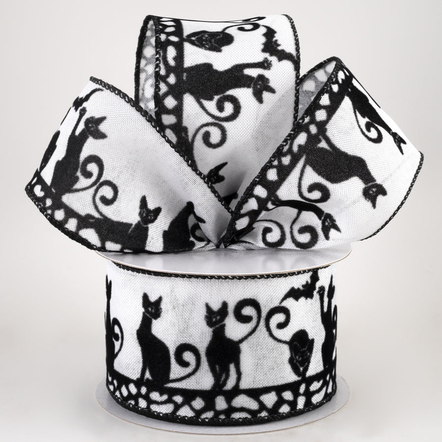 2.5" Flocked Halloween Cats Ribbon: White (10 Yards) Lifestyle Photo