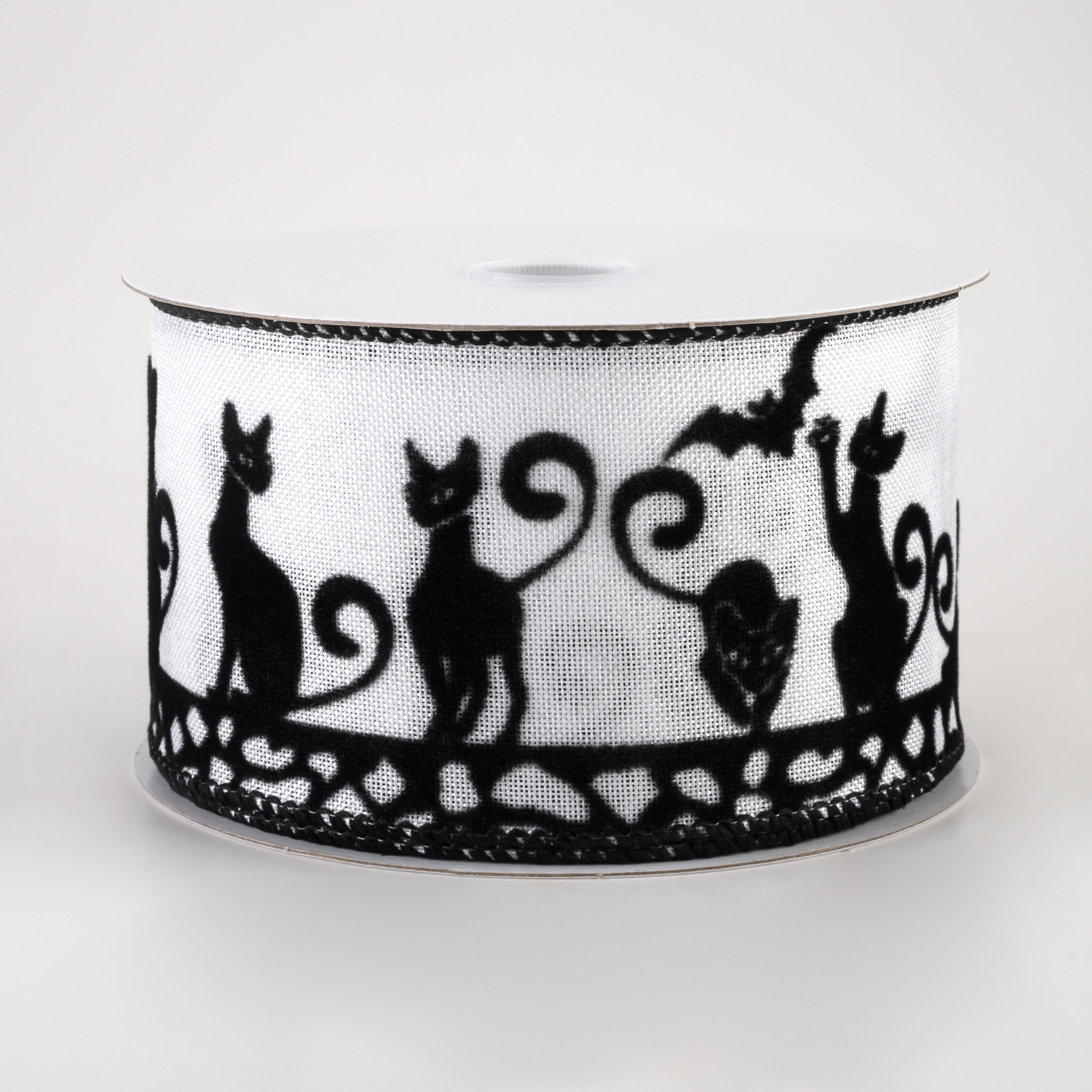2.5" Flocked Halloween Cats Ribbon: White (10 Yards)