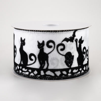 2.5" Flocked Halloween Cats Ribbon: White (10 Yards)