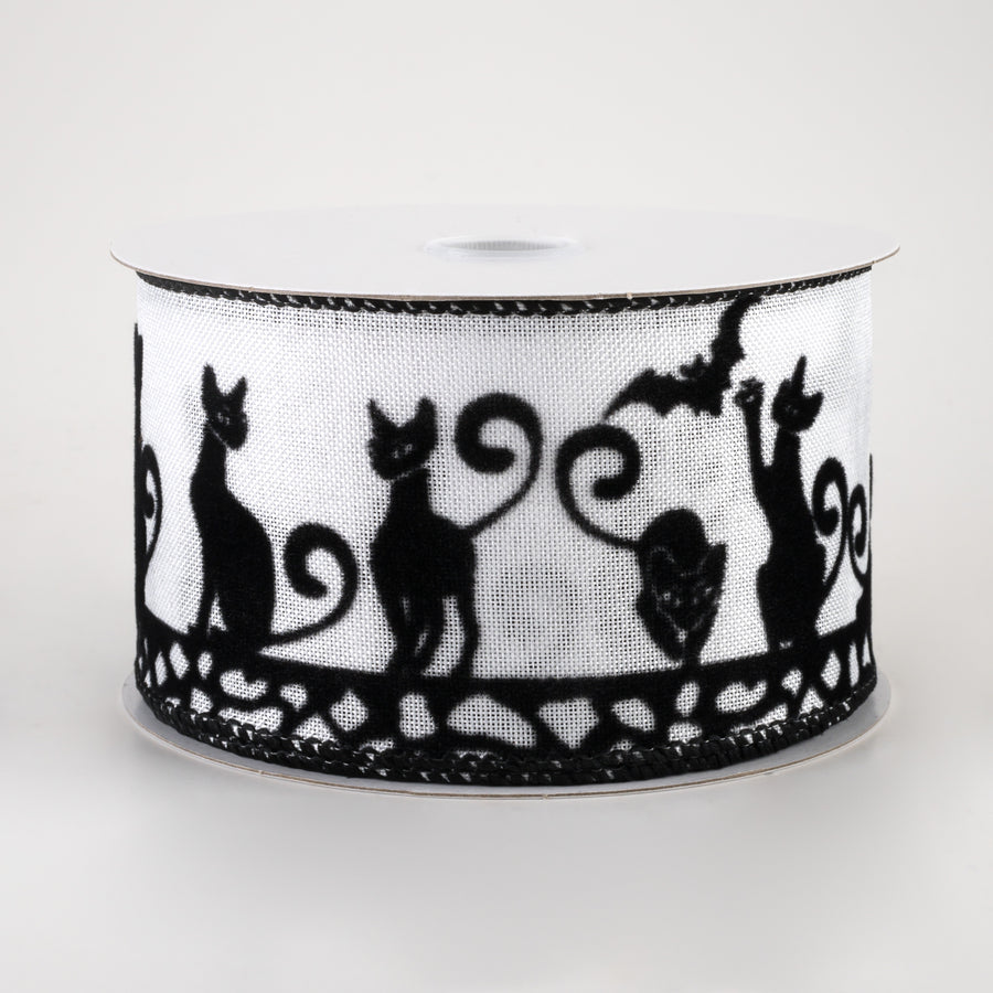 2.5" Flocked Halloween Cats Ribbon: White (10 Yards)