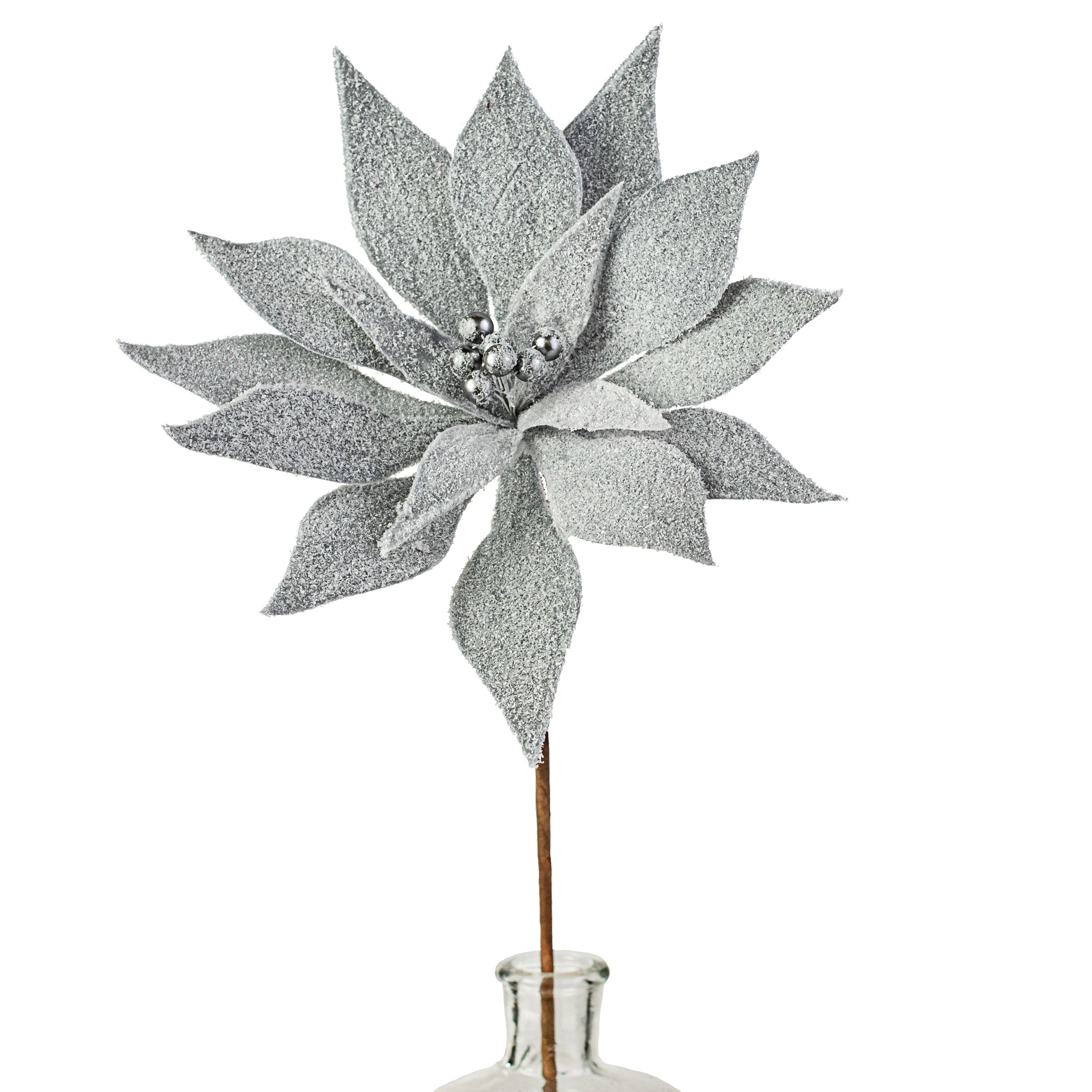 22" Flocked Poinsettia Stem: Grey Item Number: 100649