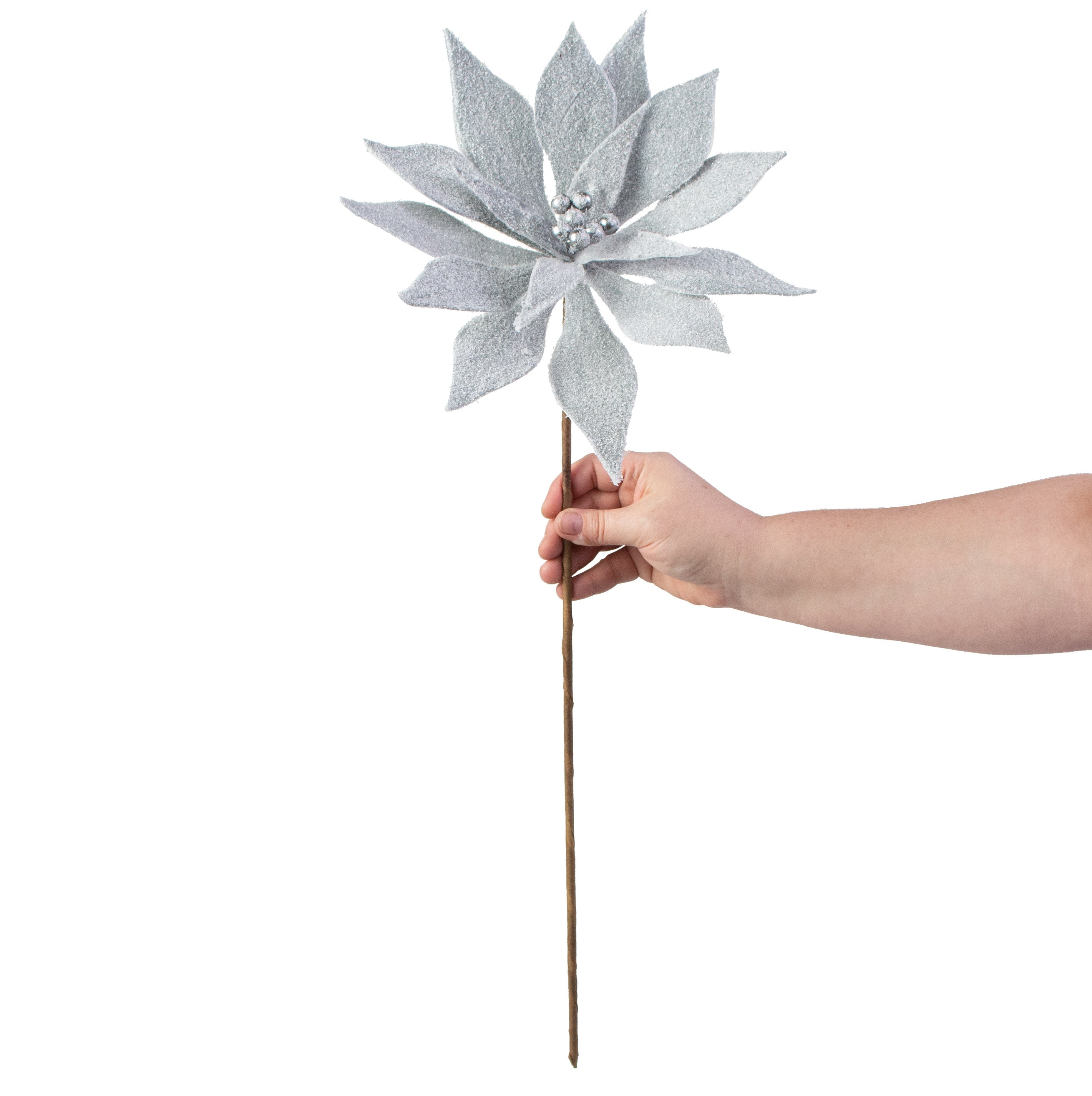 22" Flocked Poinsettia Stem: Grey detail photo 3