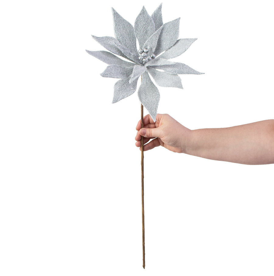22" Flocked Poinsettia Stem: Grey detail photo 3