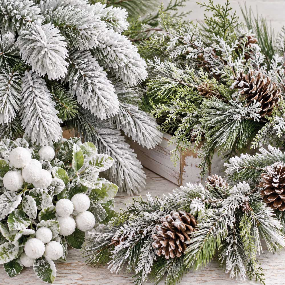 Flocked Greenery & Snow Decor
