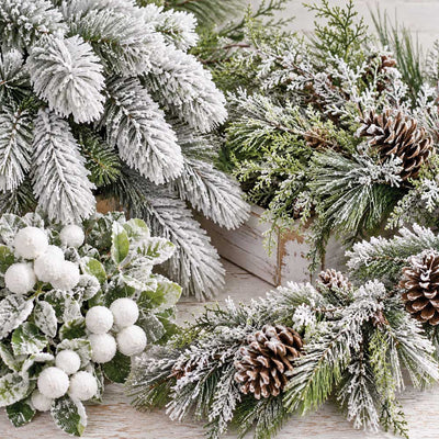 Flocked Greenery & Snow Decor