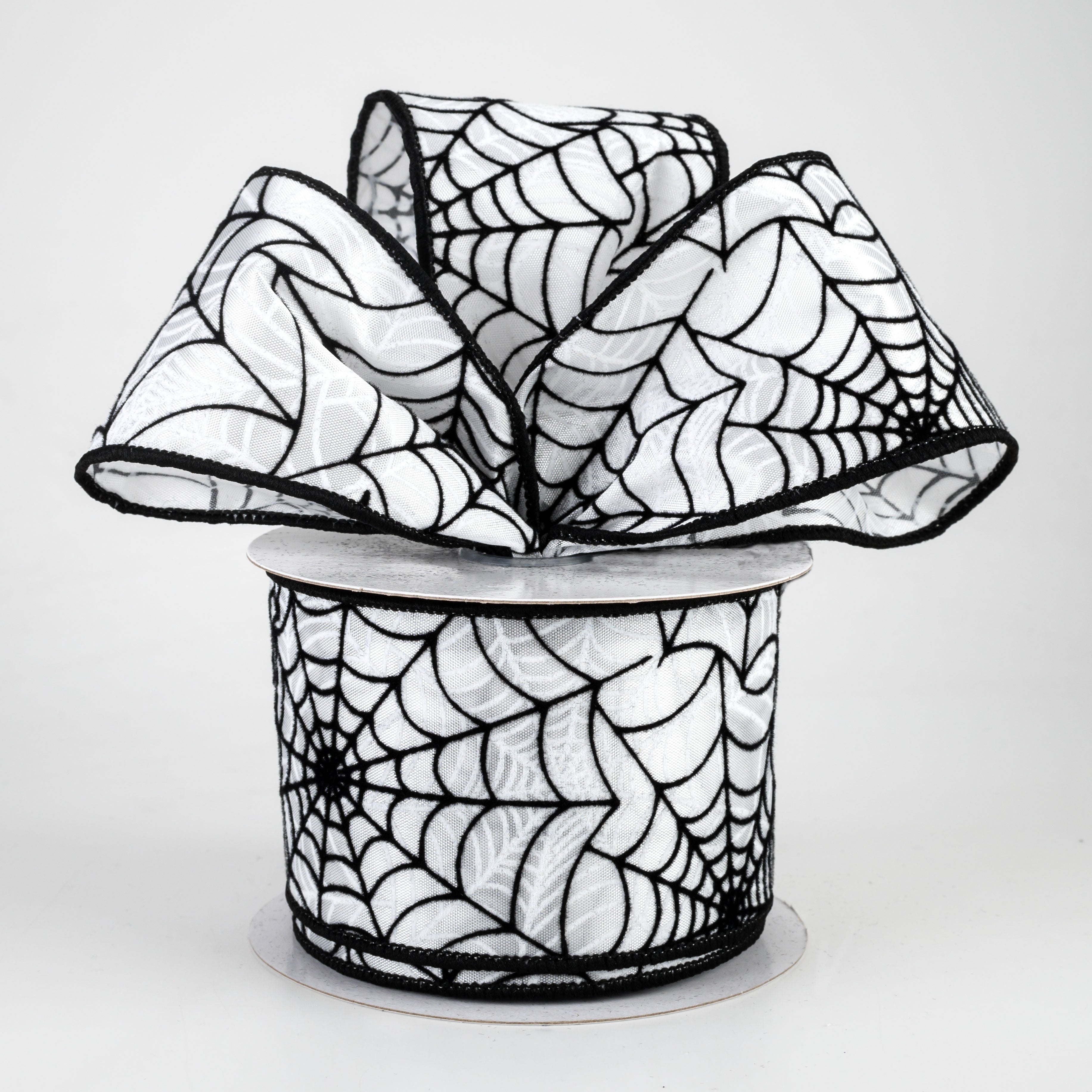2.5" Flocked Spider Web Ribbon: White (10 Yards) Lifestyle Photo