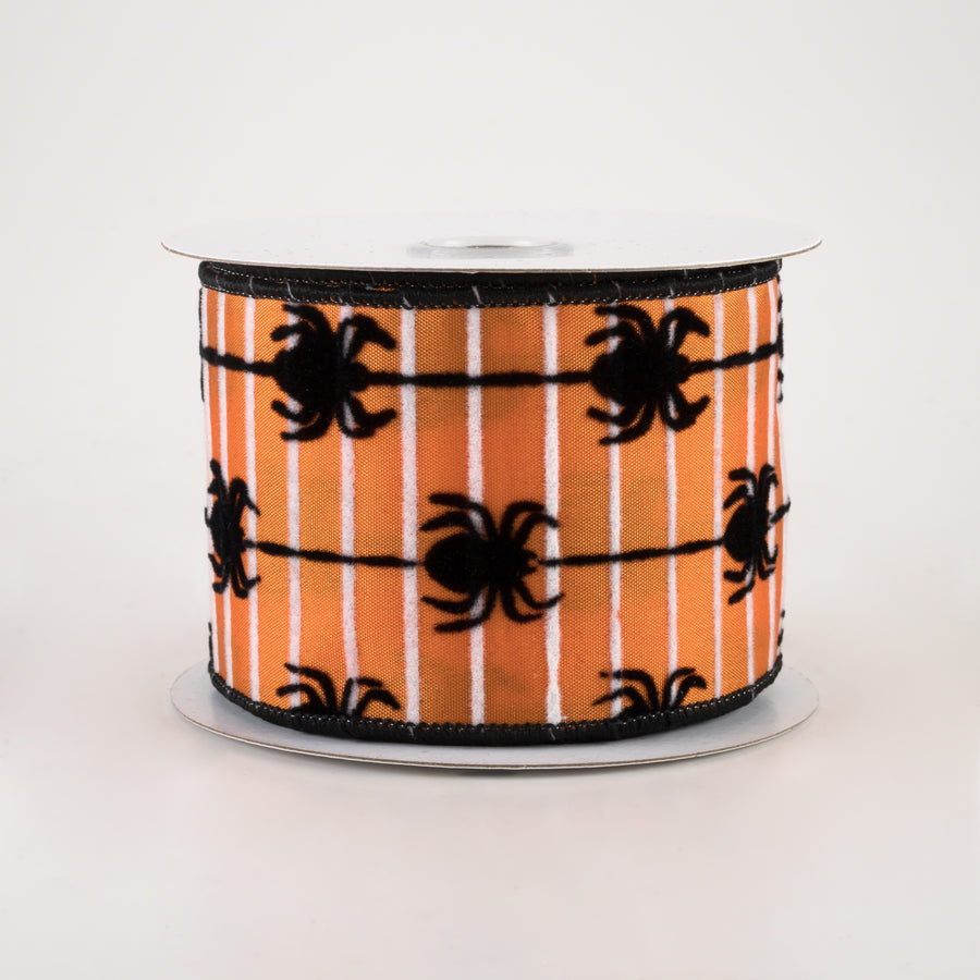 2.5" Flocked Spiders Stripe Ribbon: Orange & Black (10 Yards)