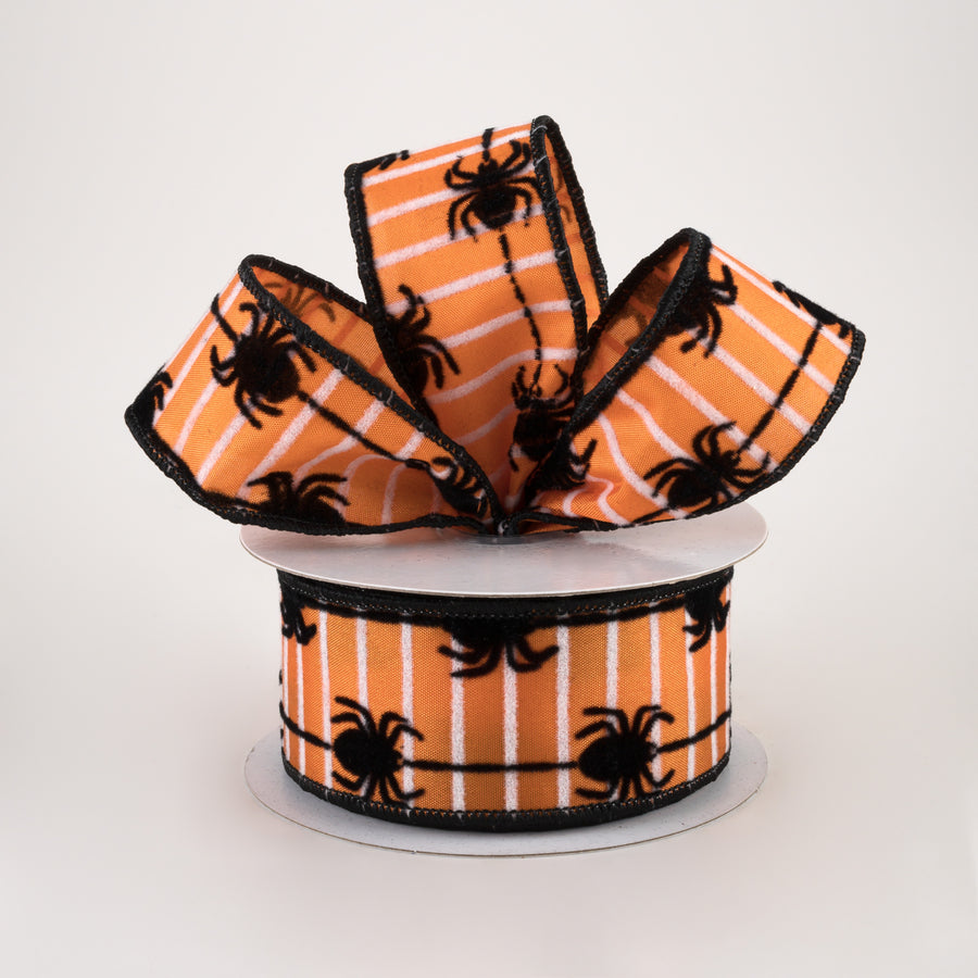 1.5" Flocked Spiders Stripe Ribbon: Orange & Black (10 Yards) Lifestyle Photo