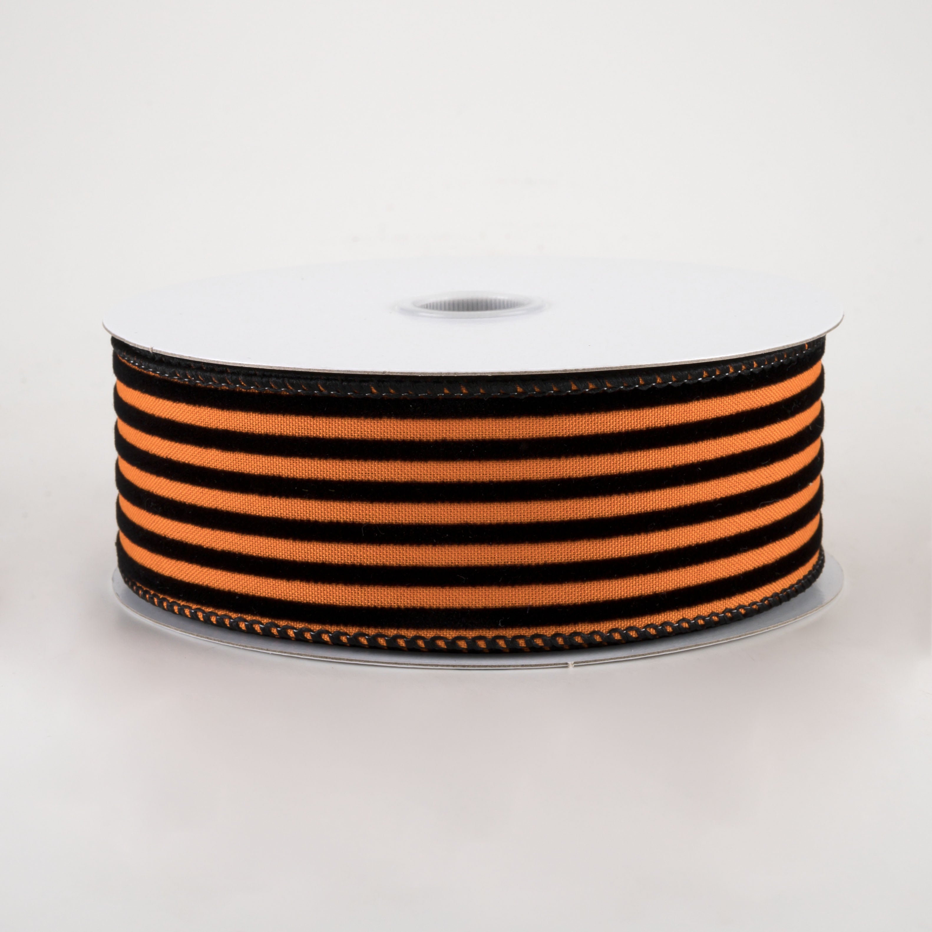 1.5" Flocked Thin Cabana Stripe Ribbon: Orange & Black (10 Yards)