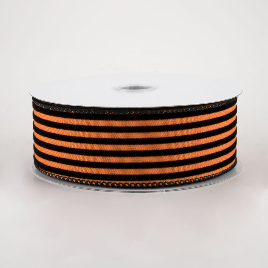 1.5" Flocked Thin Cabana Stripe Ribbon: Orange & Black (10 Yards)