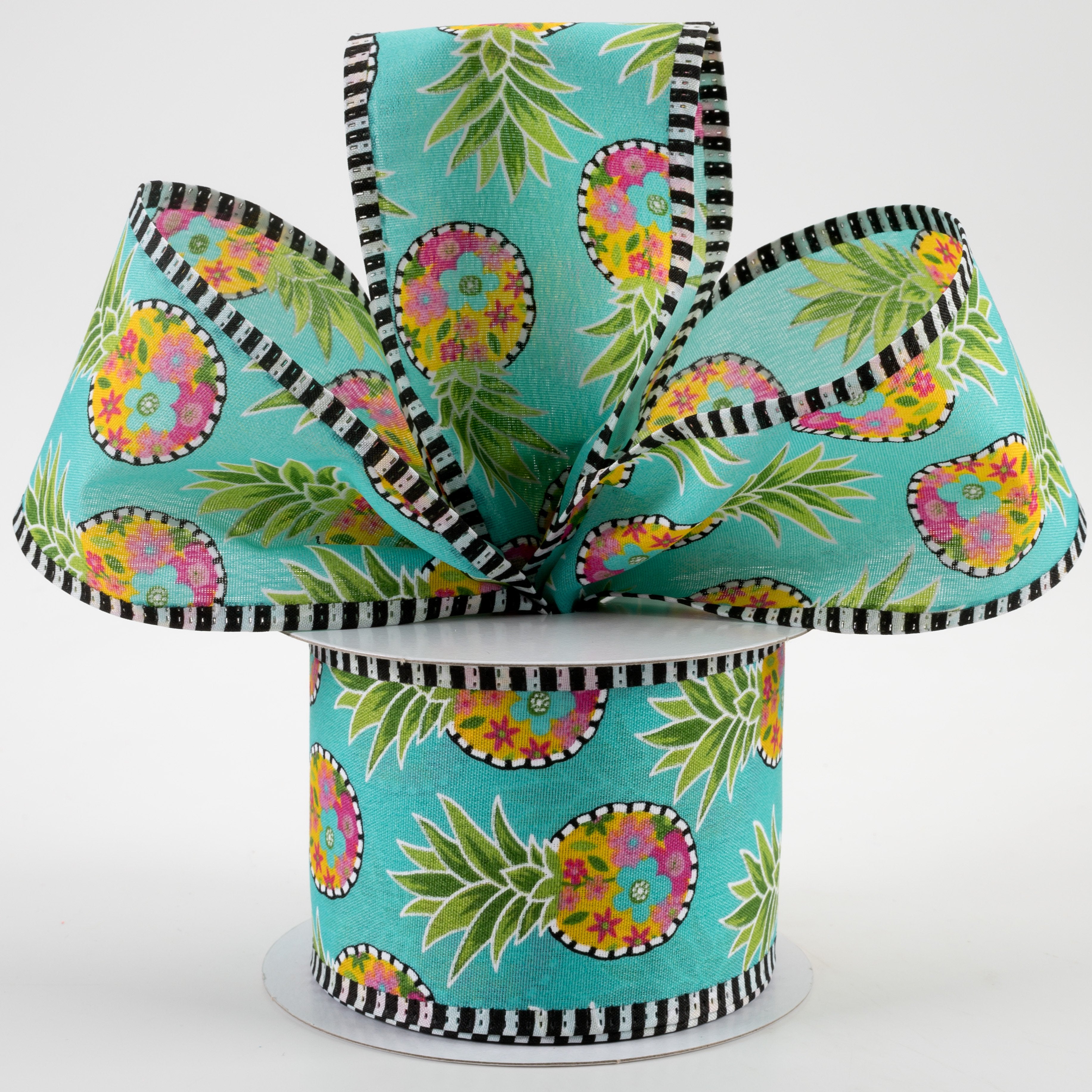 2.5" Floral Pineapple Stripe Edge Satin Ribbon: Light Blue (10 Yards) Lifestyle Photo