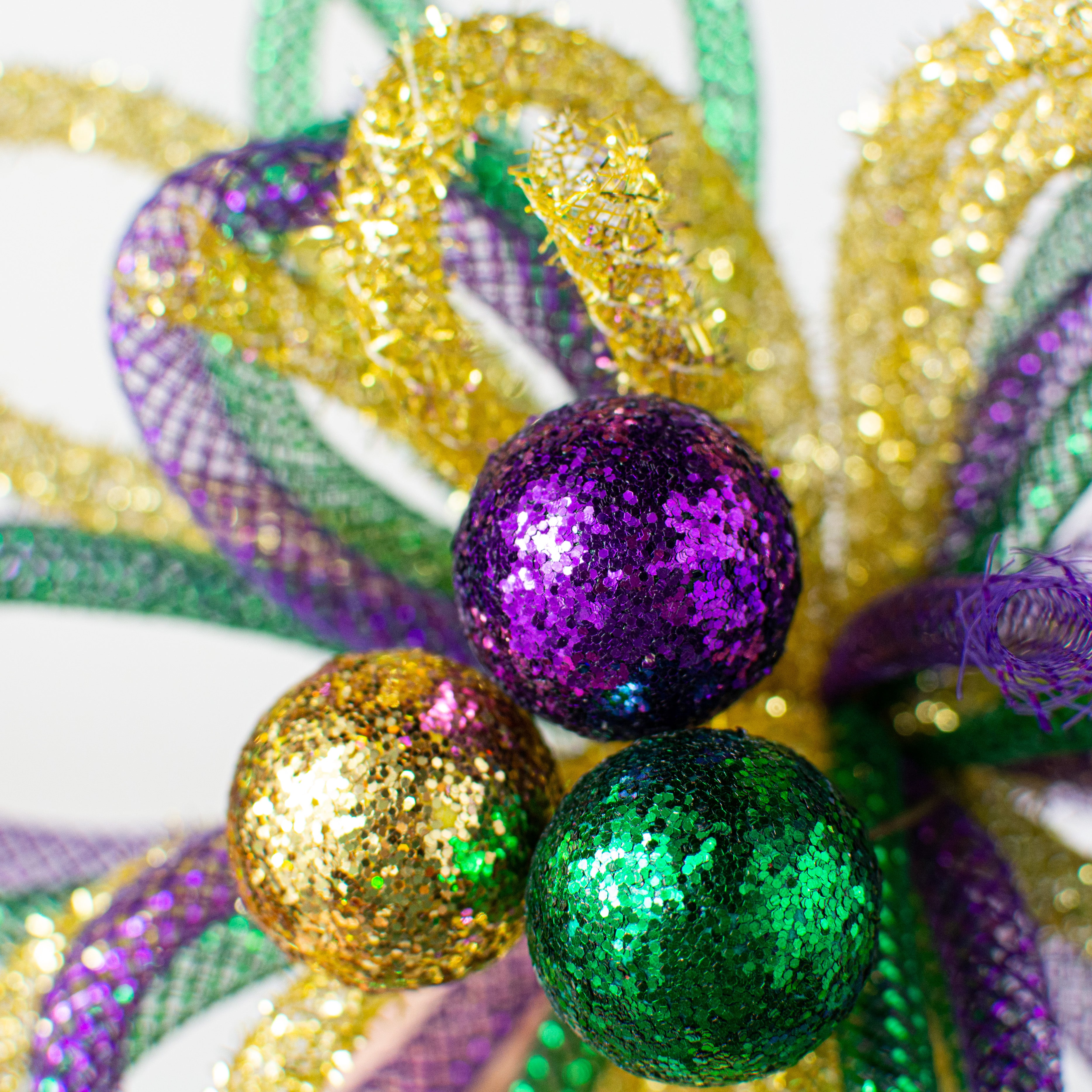 12" Foil & Tinsel Tubing Glitter Ball Pick: Purple, Green, Gold Lifestyle Photo