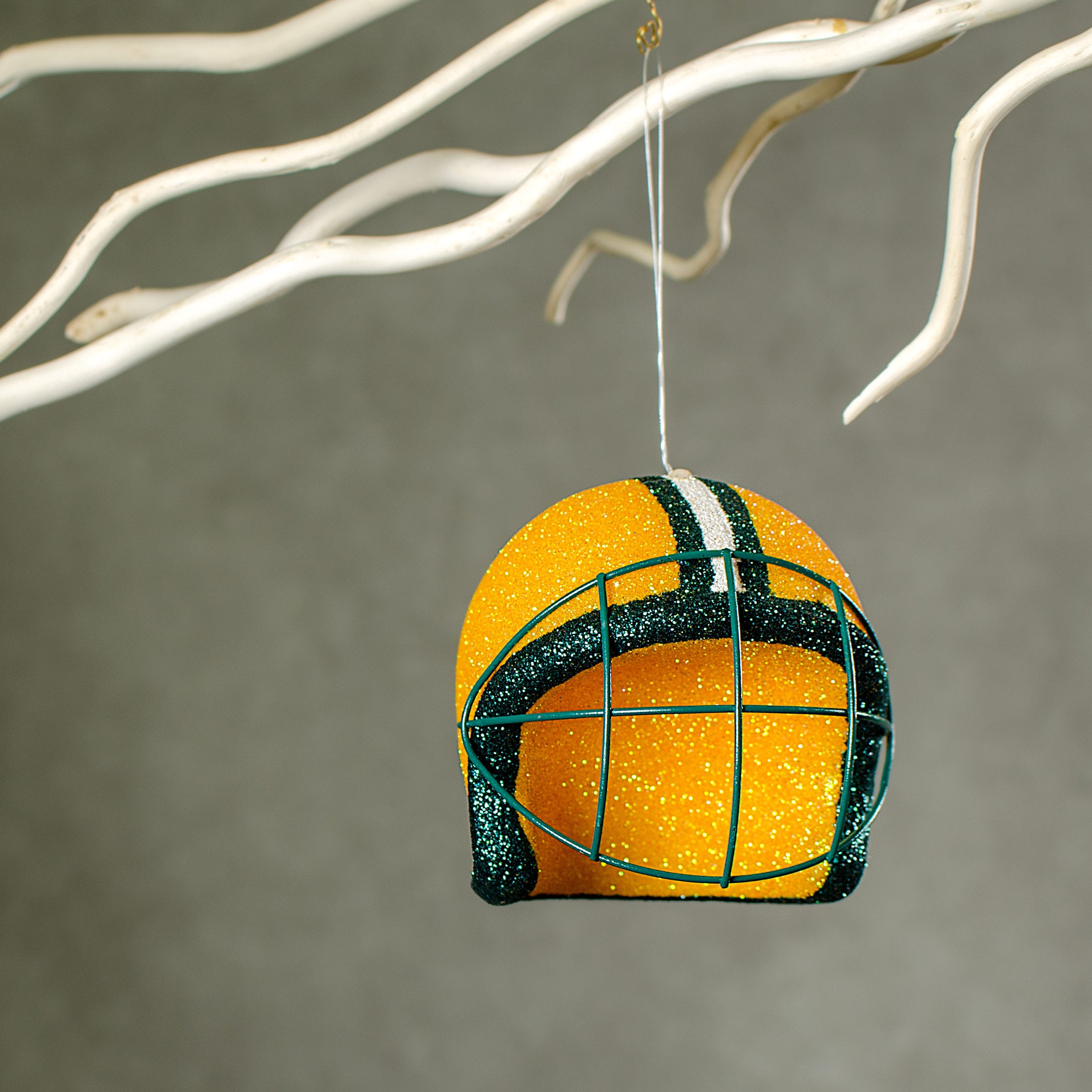 Football Helmet Ornament: Yellow, Green & White (4") Lifestyle Photo