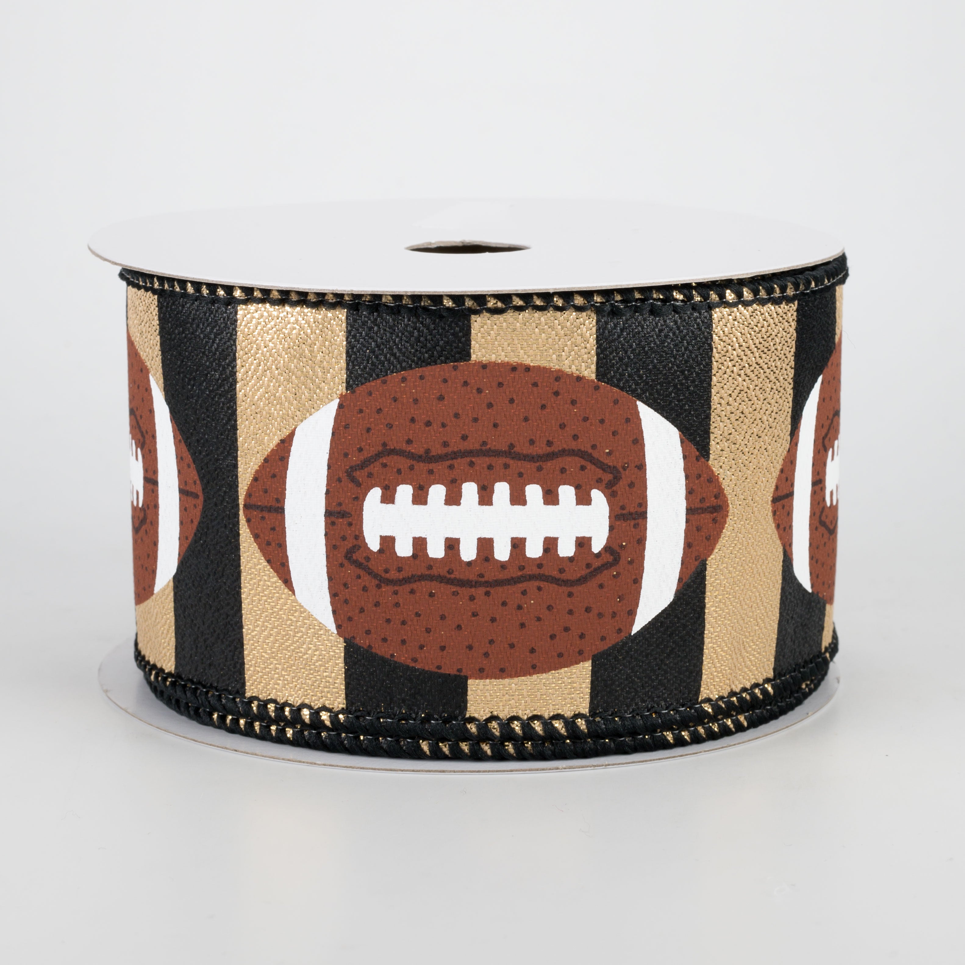 2.5" Footballs On Stripe Ribbon: Black & Gold (10 Yards)