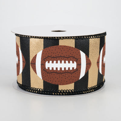 2.5" Footballs On Stripe Ribbon: Black & Gold (10 Yards)