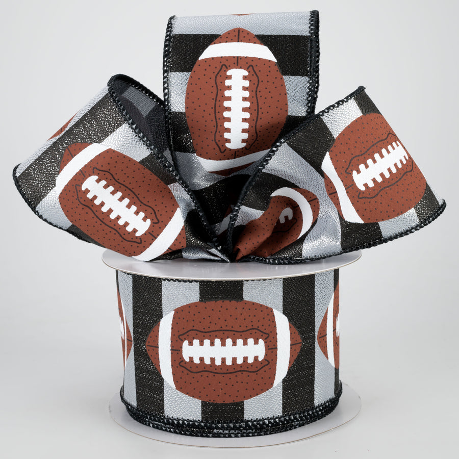 2.5" Footballs On Stripe Ribbon: Black & Silver (10 Yards) Lifestyle Photo
