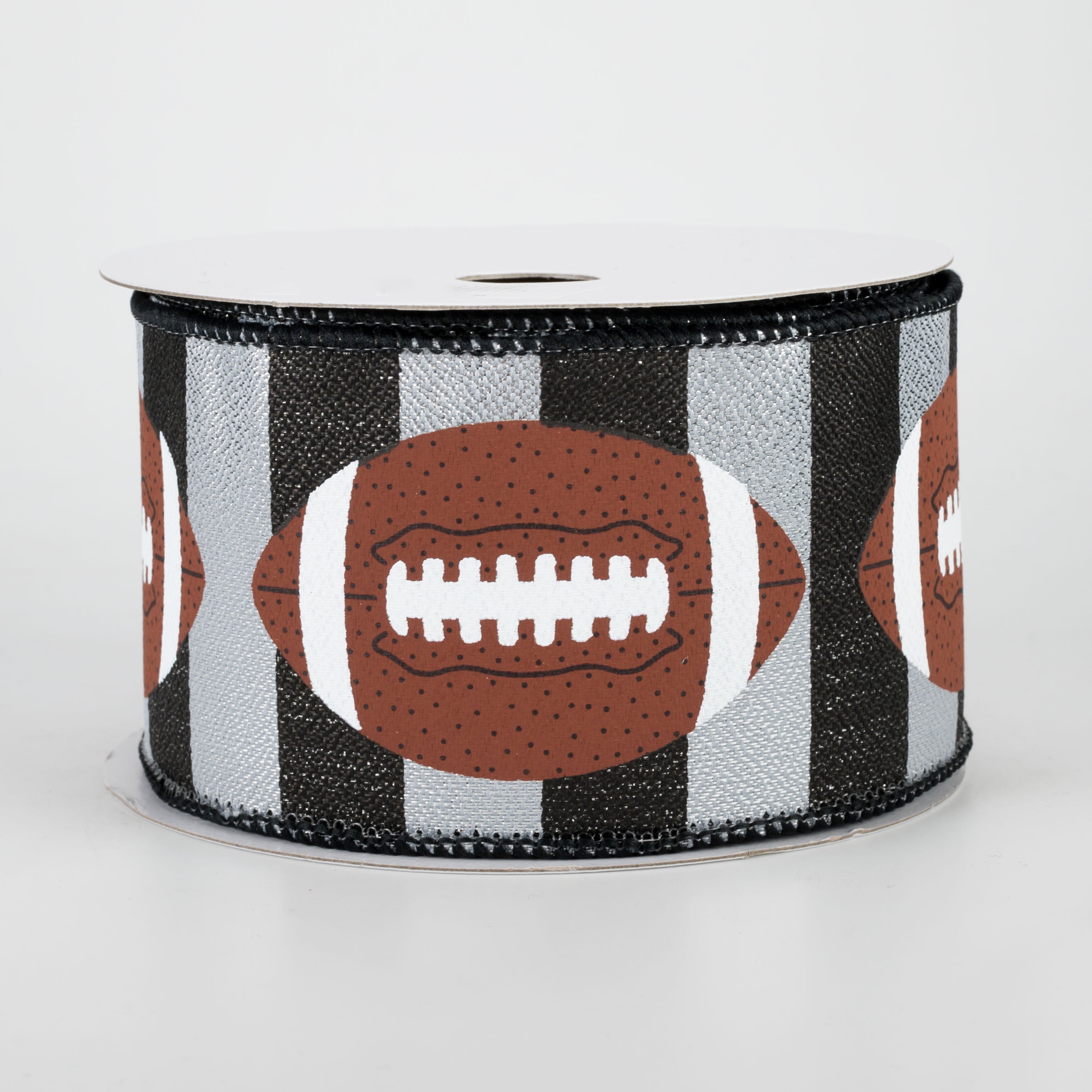2.5" Footballs On Stripe Ribbon: Black & Silver (10 Yards)